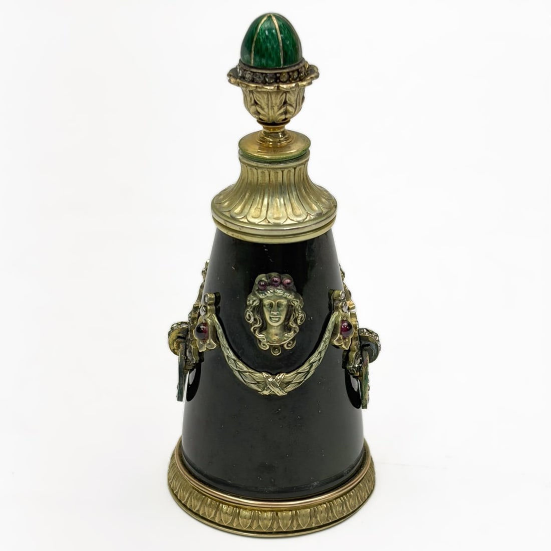 Russian Gilt Silver & Nephrite Jade Perfume Bottle: Russian Gilt Silver & Nephrite Jade Perfume Bottle w/ Diamonds& Enamel Stopper. Fully Hallmarked. In Original, Fitted Box. Condition: Generally Very Good. Dimensions: Bottle-H-3.6". Box-4.9" x 3.4" x 