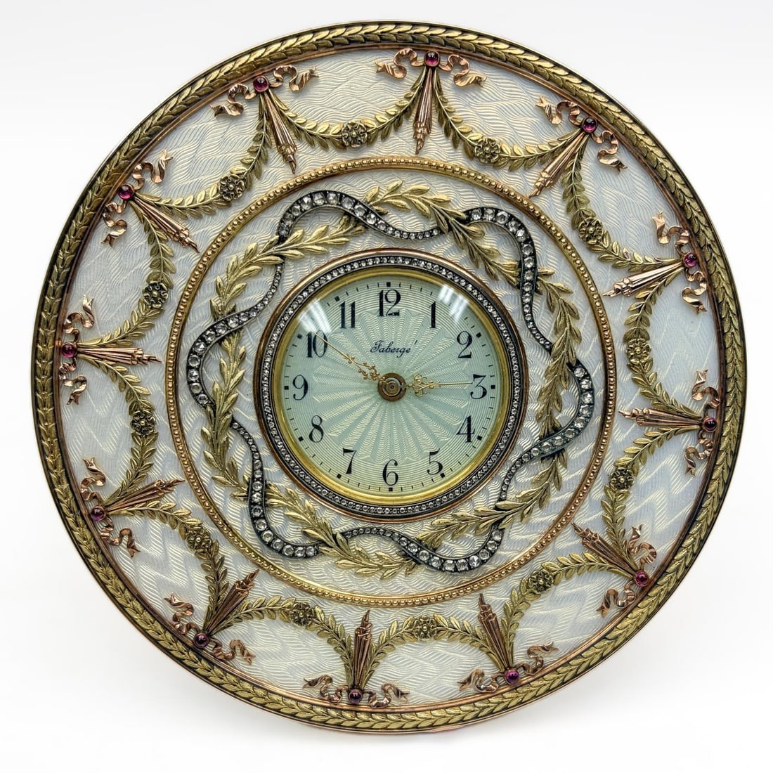 Russian 14K Gold, Diamonds & Enamel Clock: Exceptional Russian Multi Color 14K Gold, Diamonds & Enamel Easel Back Mechanical Desk Clock w/ Gemstones. Fully Hallmarked in Various Places. In Original, Fitted Box. Condition: Generally Very Good. 