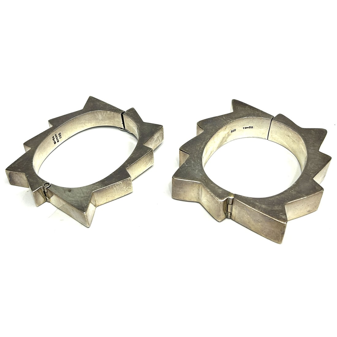 2 Unusual MCM Mexican Sterling Silver Bracelets: 2 Unusual MCM Mexican Sterling Silver Large Bracelets. Please Note- Due to Recent Fraudulent Activity, All Jewelry Items Purchased by New Customers Cannot Be Shipped Out Until 3 Weeks After The Auctio
