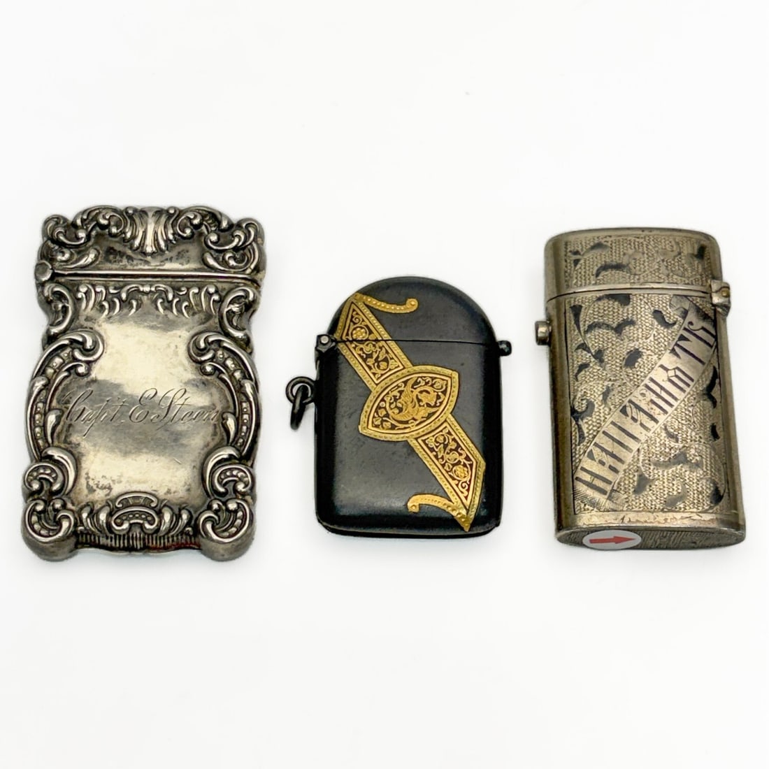 Interesting Lot of 3 Antique Match Holders: Interesting Lot of 3 Antique Match Holders Including 1 Russian 84 Niello Silver, 1 Probably English Sterling Silver Monogrammed "Captain E. Steen", & 1 Probably Japanese Gold Inlaid Metal. Both Silver