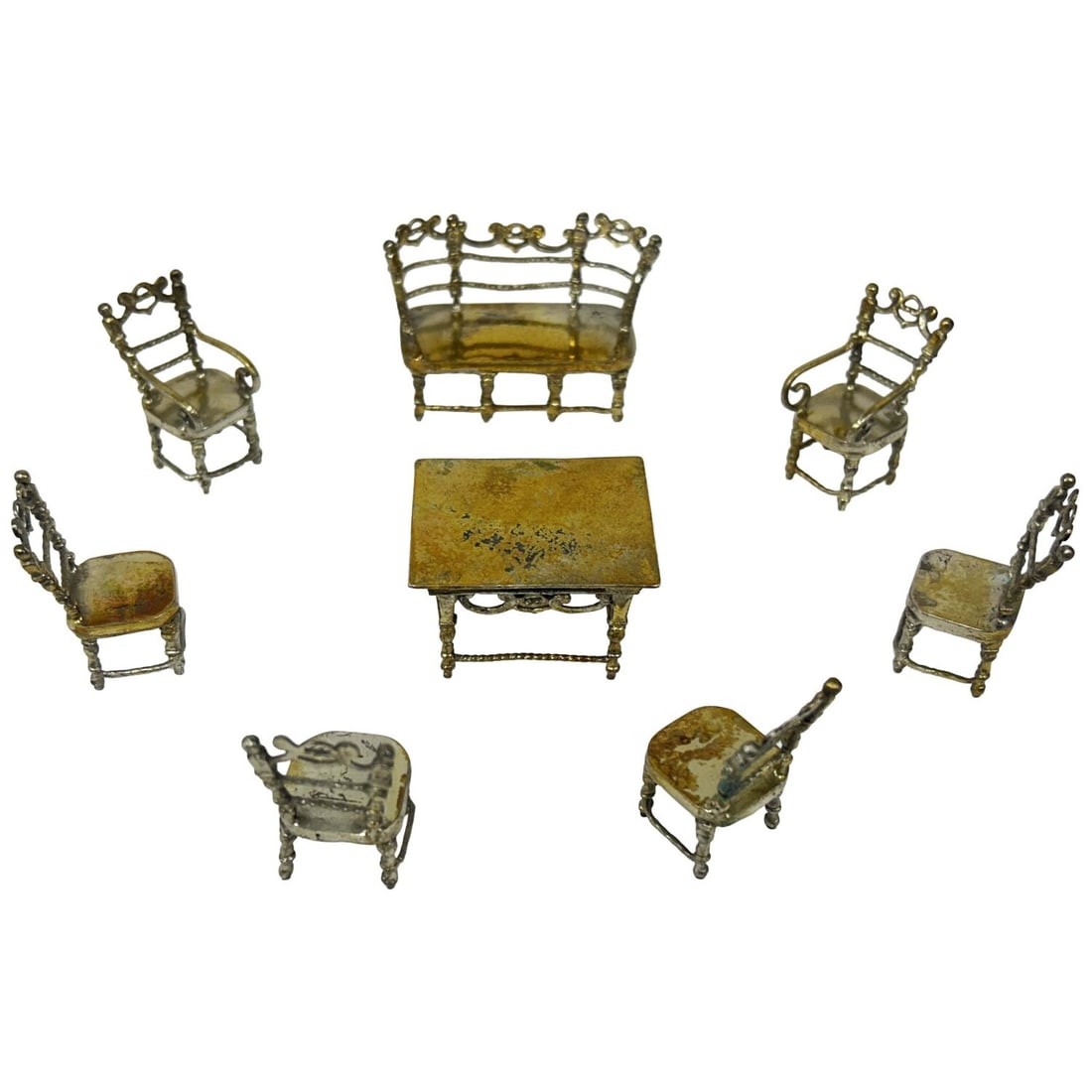 8 Piece Lot of Miniature 800 Silver Furniture Set: 8 Piece Lot of Miniature 800 Silver Furniture Set. Fully Marked. Condition: Generally Very Good. Dimensions: Various Sizes. Gross Weight: 5.65ozt / 175.9g. Provenance: From a Long Island, NY Home. Ple