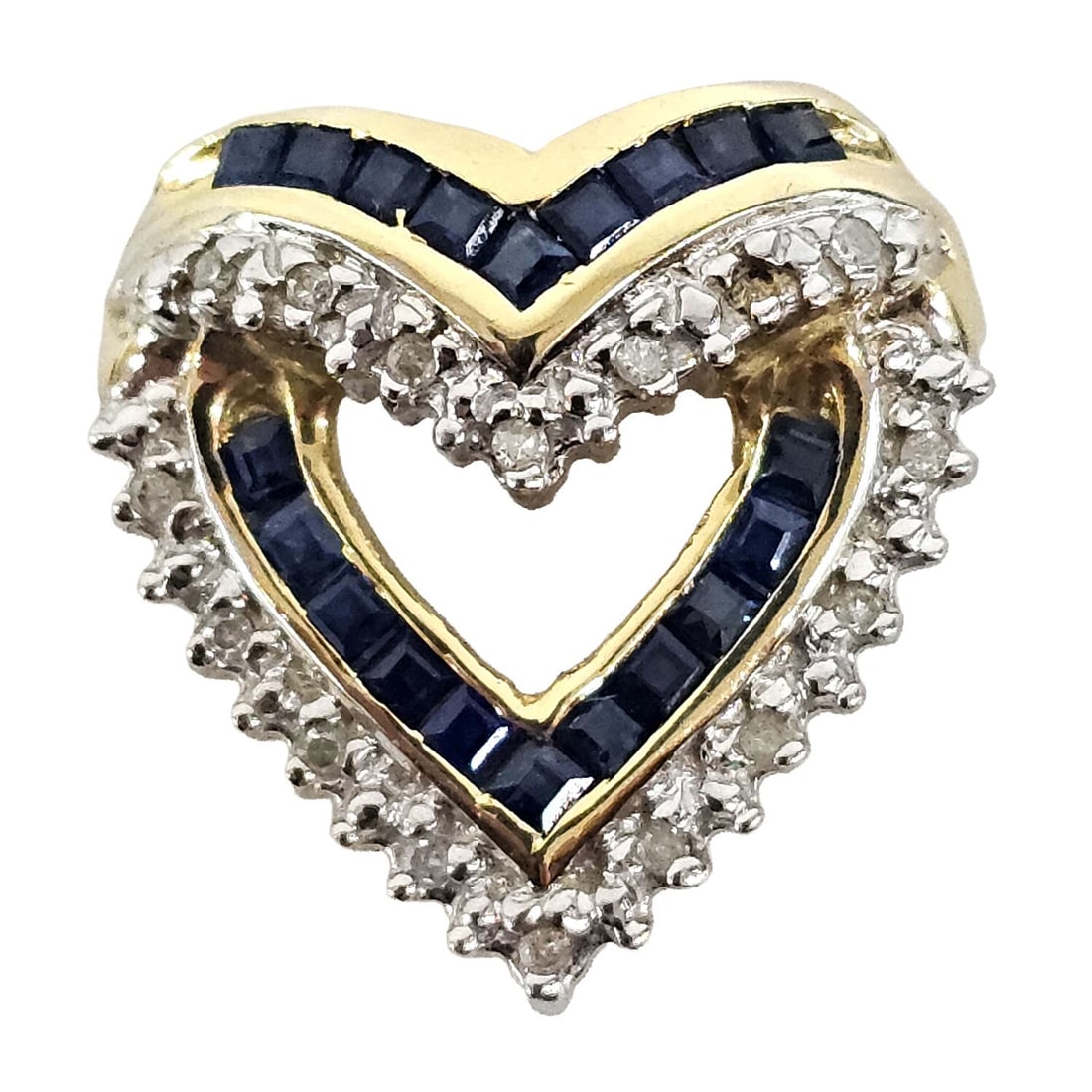 14K Gold, Diamonds & Sapphires Heart Pendant: Unusual 14K Gold, Diamonds & Sapphires Heart Shaped Pendant. Please Note- Due to Recent Fraudulent Activity, All Jewelry Items Purchased by New Customers Cannot Be Shipped Out Until 3 Weeks After The 