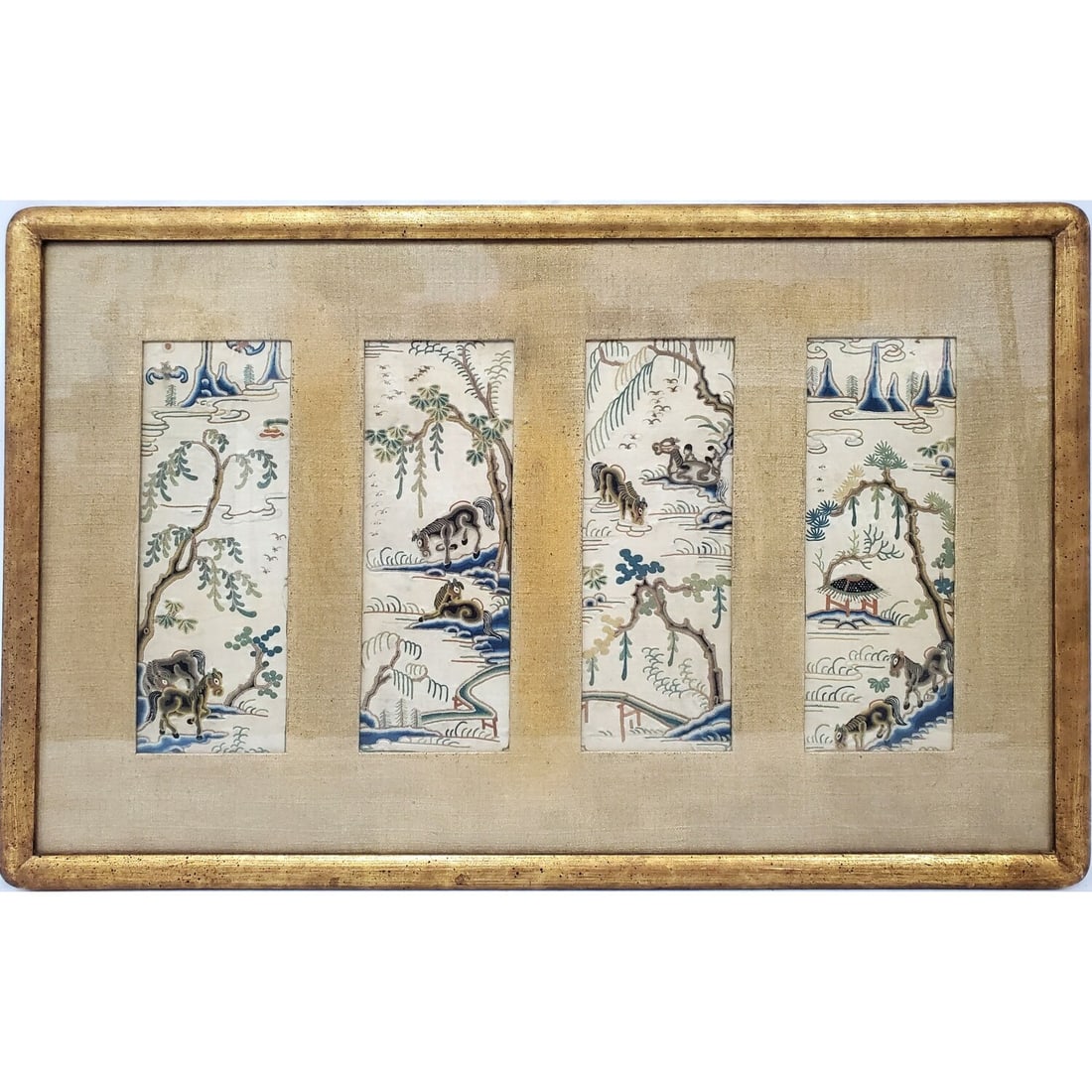 Antique Chinese Embroidery of Four Seasons: Antique Chinese Embroidery Depicting The Four Seasons. Framed Under Glass. Has Not Been Examined Out of Frame. Condition: Generally Very Good. Dimensions: Each Section-9" x 3". Frame-23" x 15". Proven