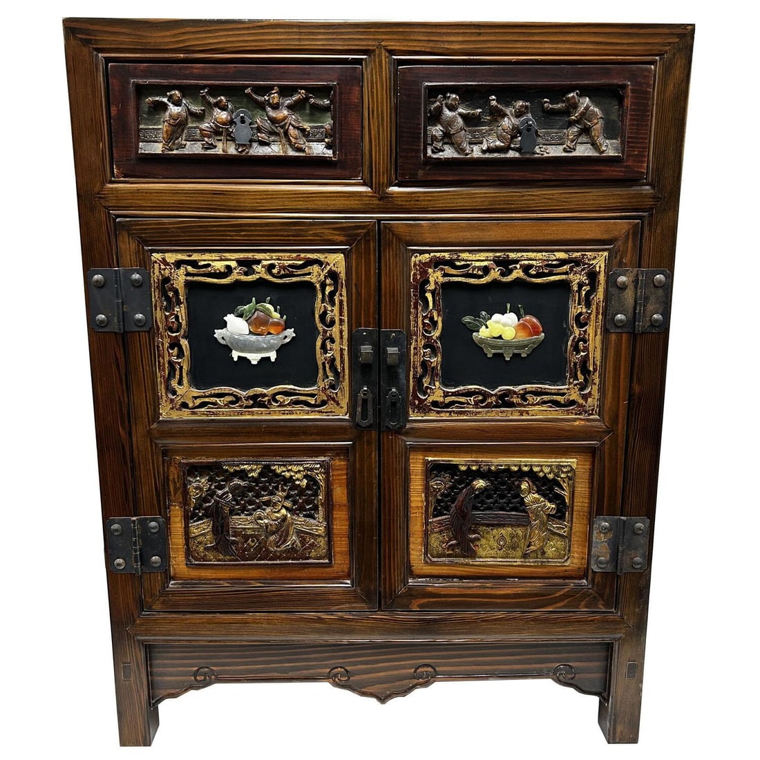 Chinese Vintage Cabinet w/ Gilt Paintings: Chinese Vintage Cabinet w/ Gilt Paintings Throughout & Applied Semi-Precious Stones On The Doors. Condition: Generally Good. Dimensions: L-21.75" x W-13.75" x H-28". Provenance: From a Long Island, NY