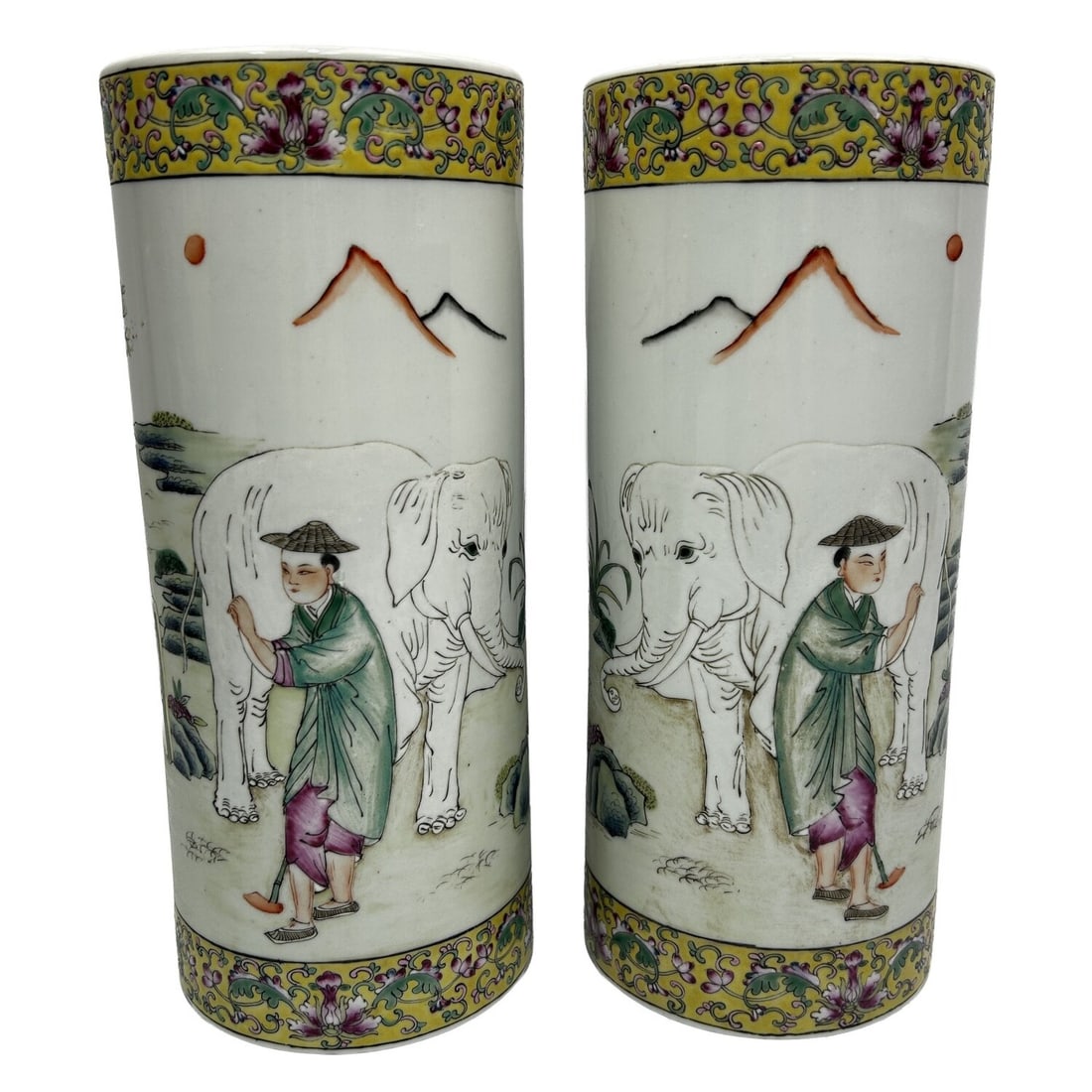 Chinese Pair of Antique Signed Porcelain Vases: Chinese Pair of Antique Signed Enameled Porcelain Vases Depicting People & Elephants. Condition: Generally Very Good. Dimensions: H-10.6" x Dia-4.5". Provenance: From a Long Island, NY Home. Please no