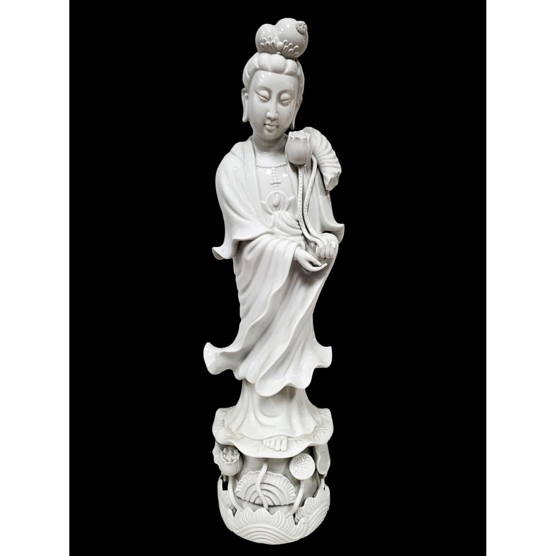 Chinese Very Large Blanc De Chine Porcelain Figure: Chinese Very Large Blanc De Chine Porcelain Figure. Condition: Generally Very Good. Dimensions: H-30". Provenance: From a Long Island, NY Home. Please note the absence of a Condition Report does not i