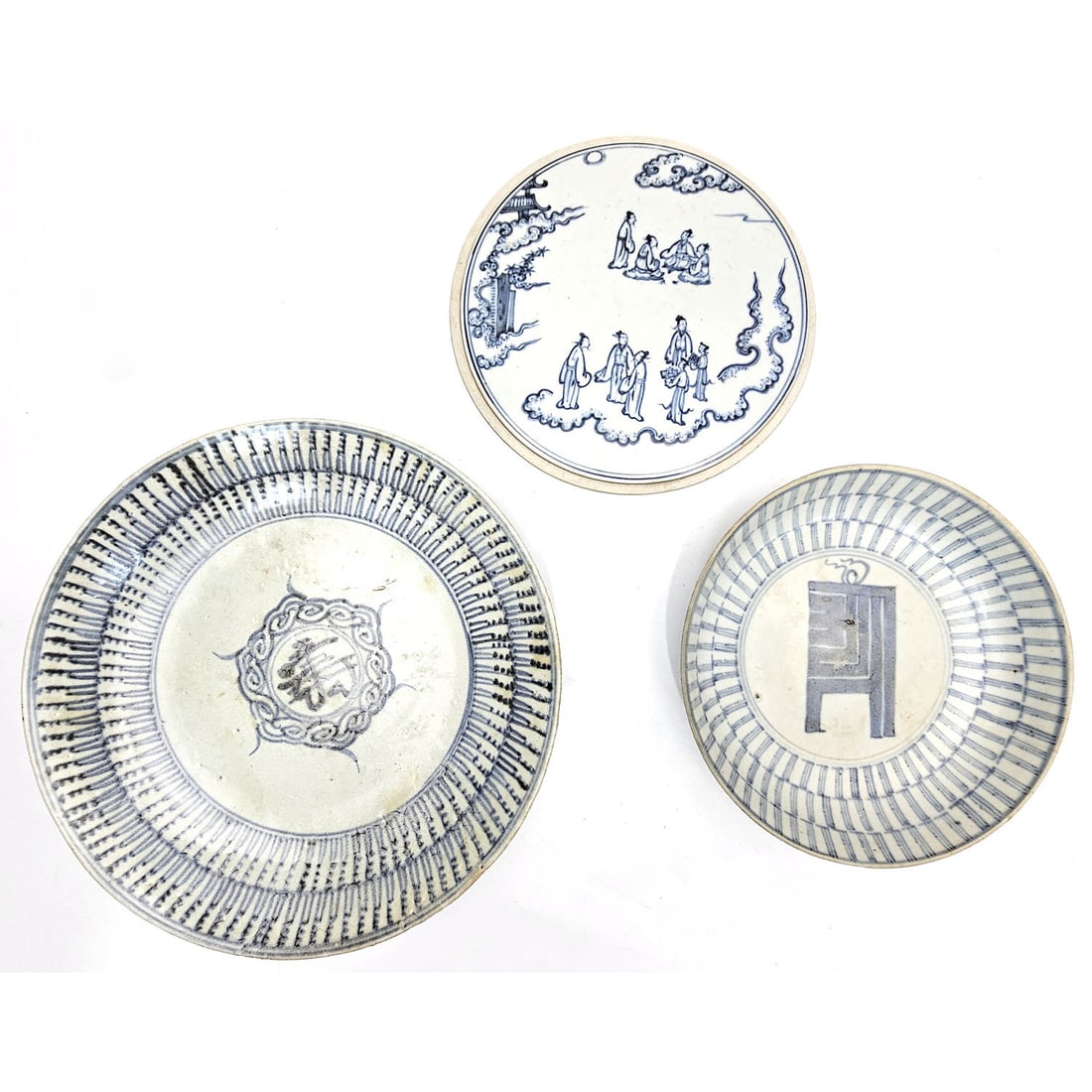 3 Chinese Antique Blue & White Porcelain Items: Chinese Lot of 3 Antique Blue & White Porcelain Items Including a Plate, a Bowl & a Plaque. 1 is Signed. Condition: Generally Good.Dimensions: Larger-Dia-10.3". Provenance: From a Long Island, NY Home