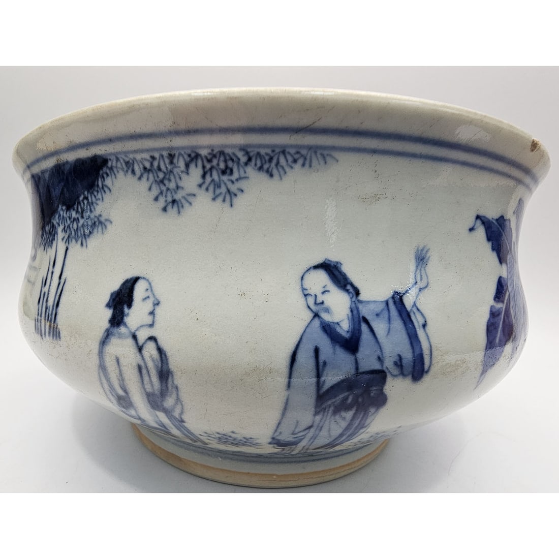 Chinese Rare Antique Blue & White Porcelain Bowl: Chinese Rare Antique Blue & White Porcelain Large Bowl w/ Decorations of People in an Outdoor Setting. Condition: Generally Good. Small on Chip on Rim. Dimensions: Dia-8.1" x H-4.2". Provenance: From 
