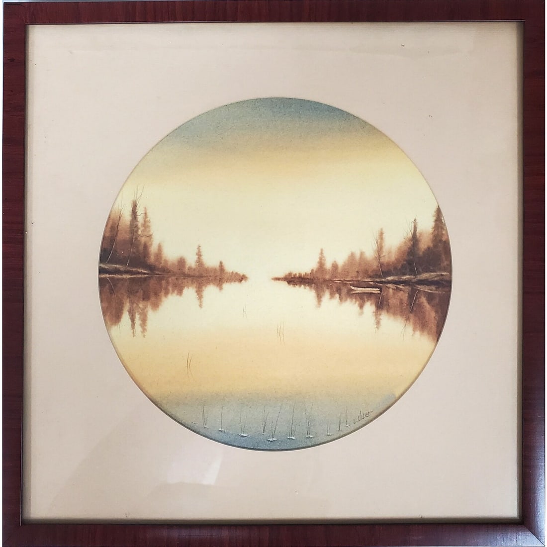 Signed Olsen Antique Watercolor on Paper: Signed Olsen Antique Watercolor on Paper. In Original Frame Under Glass. Has Not Been Examined Out of Frame. Condition: Generally Very Good. Dimensions: Sight-Dia-8.25" Frame-12.75" x 12.75". Provenan