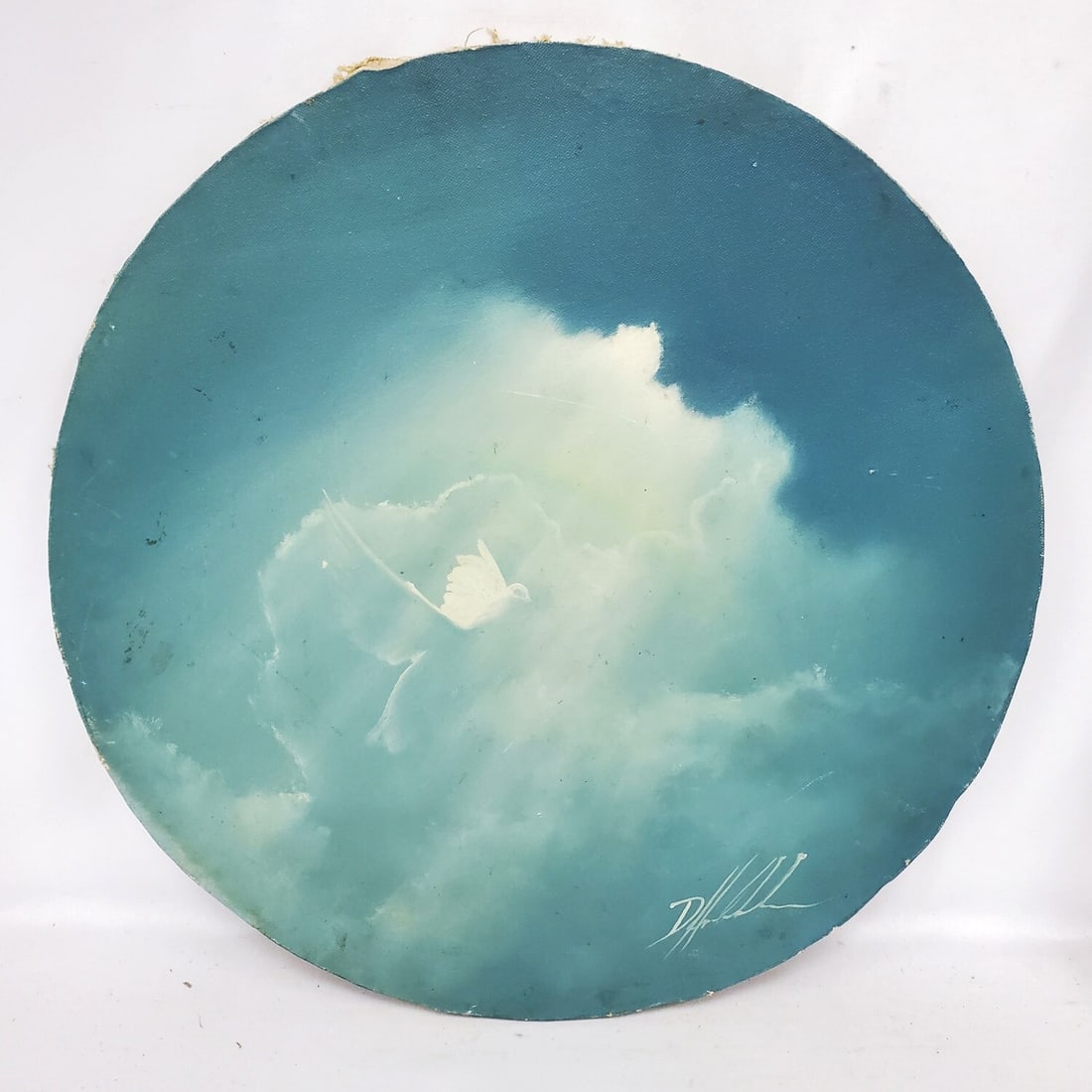 Signed Circular Painting Oil on Canvas: Signed Circular Painting Oil on Canvas on Wood "Bird in The Clouds". Signed Lower Right. Condition: Generally Good. Dimensions: Dia-17.5". Provenance: From a Long Island, NY Home. Please note the