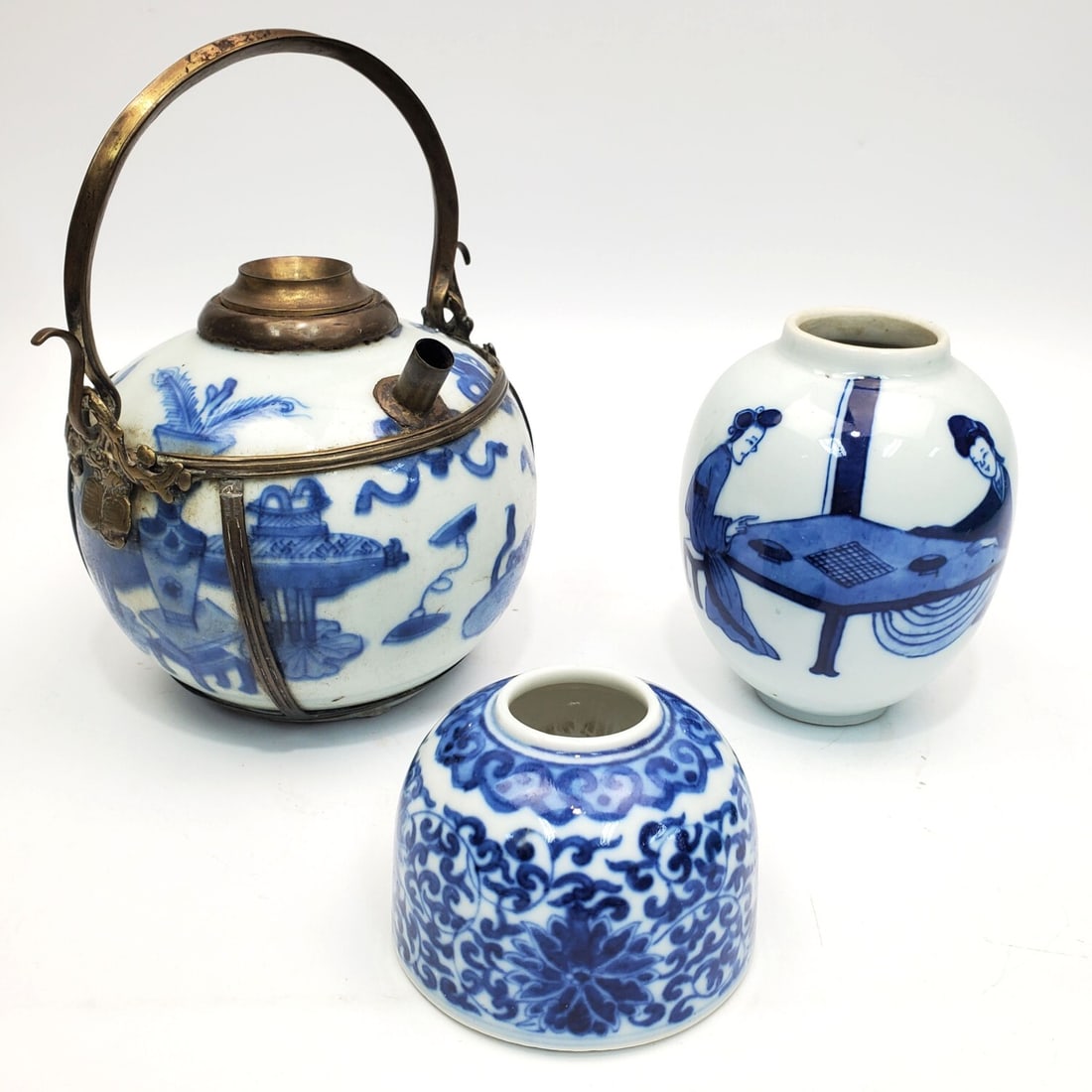 Lot of 3 Chinese Blue & White Porcelain Items: Lot of 3 Chinese Blue & White Porcelain Items. 1 Is Signed. Condition: Generally Good. Sold As Is. Dimensions: Largest Dia- 4.25" x H- 4.25". Provenance: From a Long Island, NY Home. Please note the a