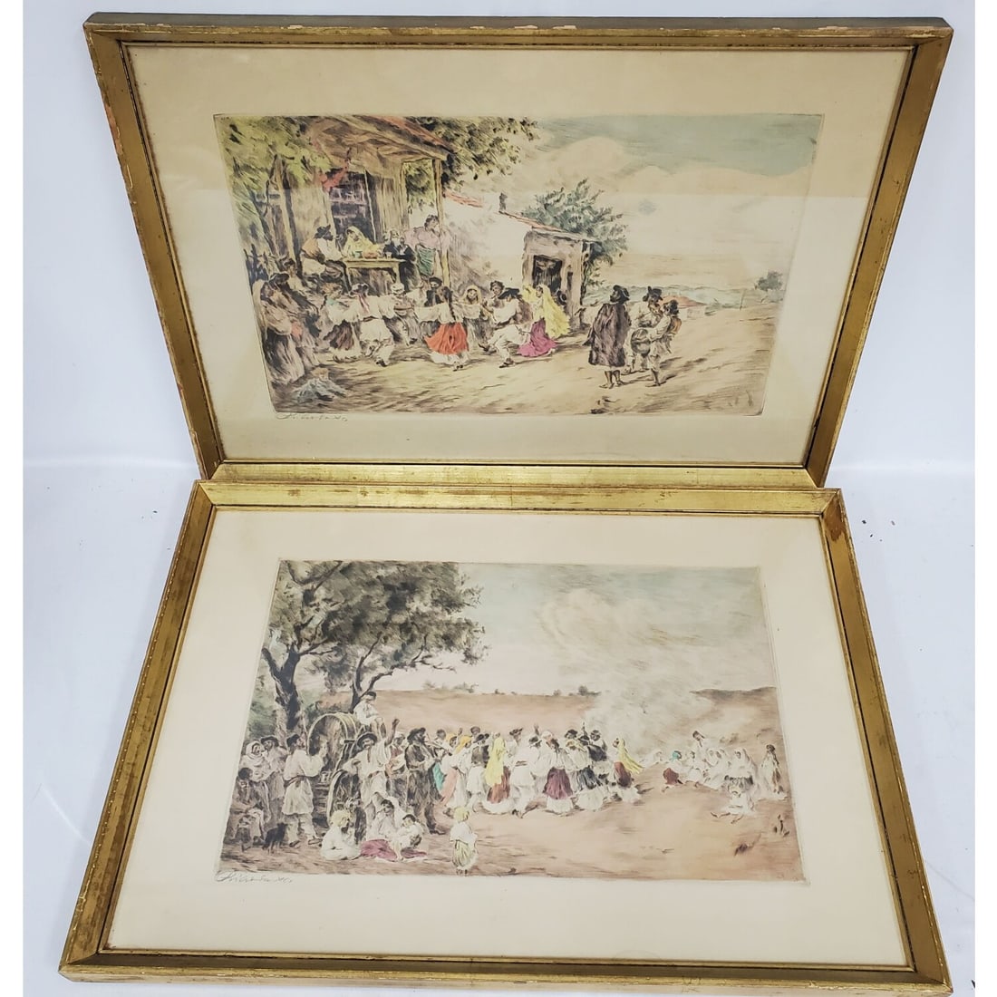 Lot of 2 Old Signed Colored Etchings on Paper (1 of 4)