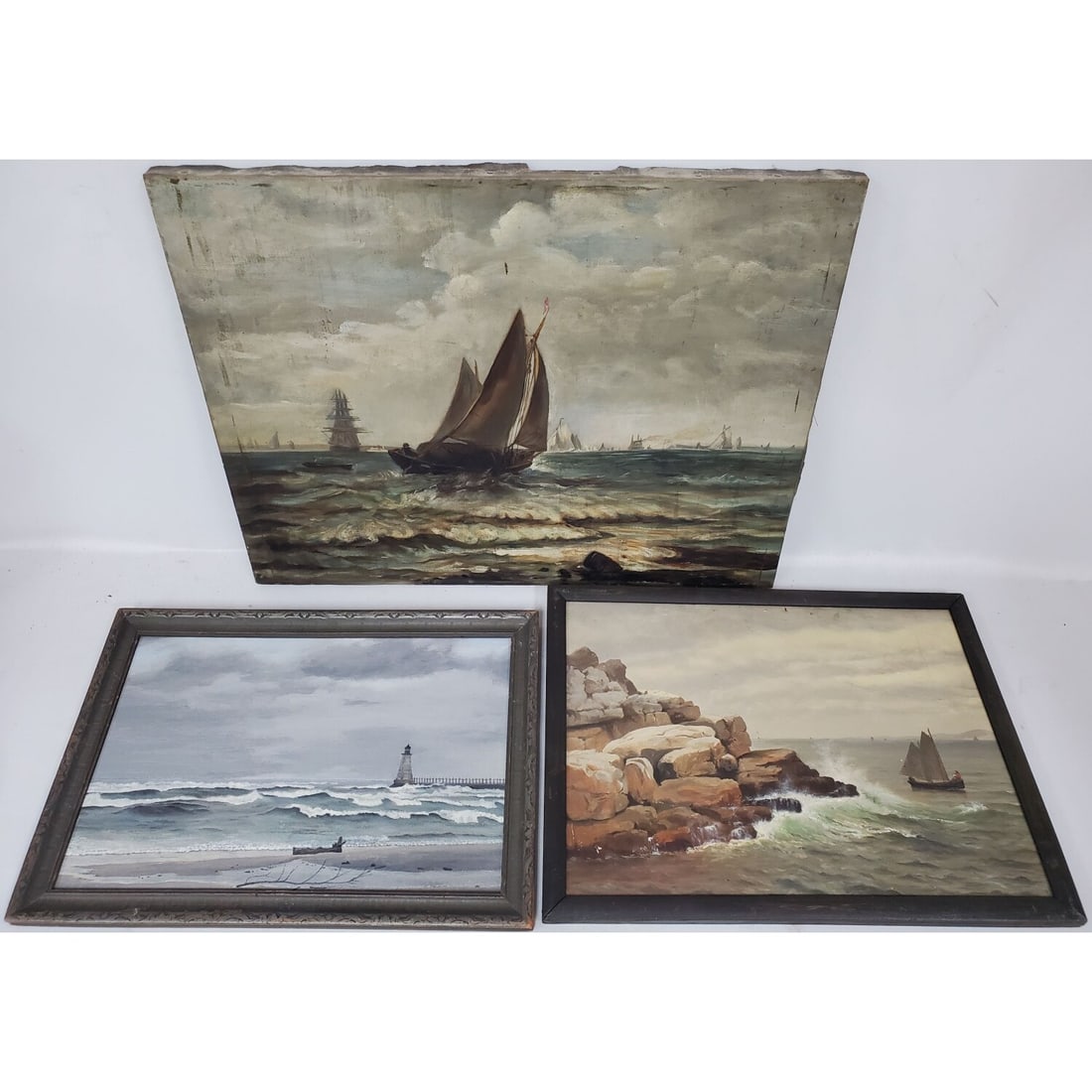 Lot of 3 Antique Oil Paintings "Seascapes" (1 of 4)