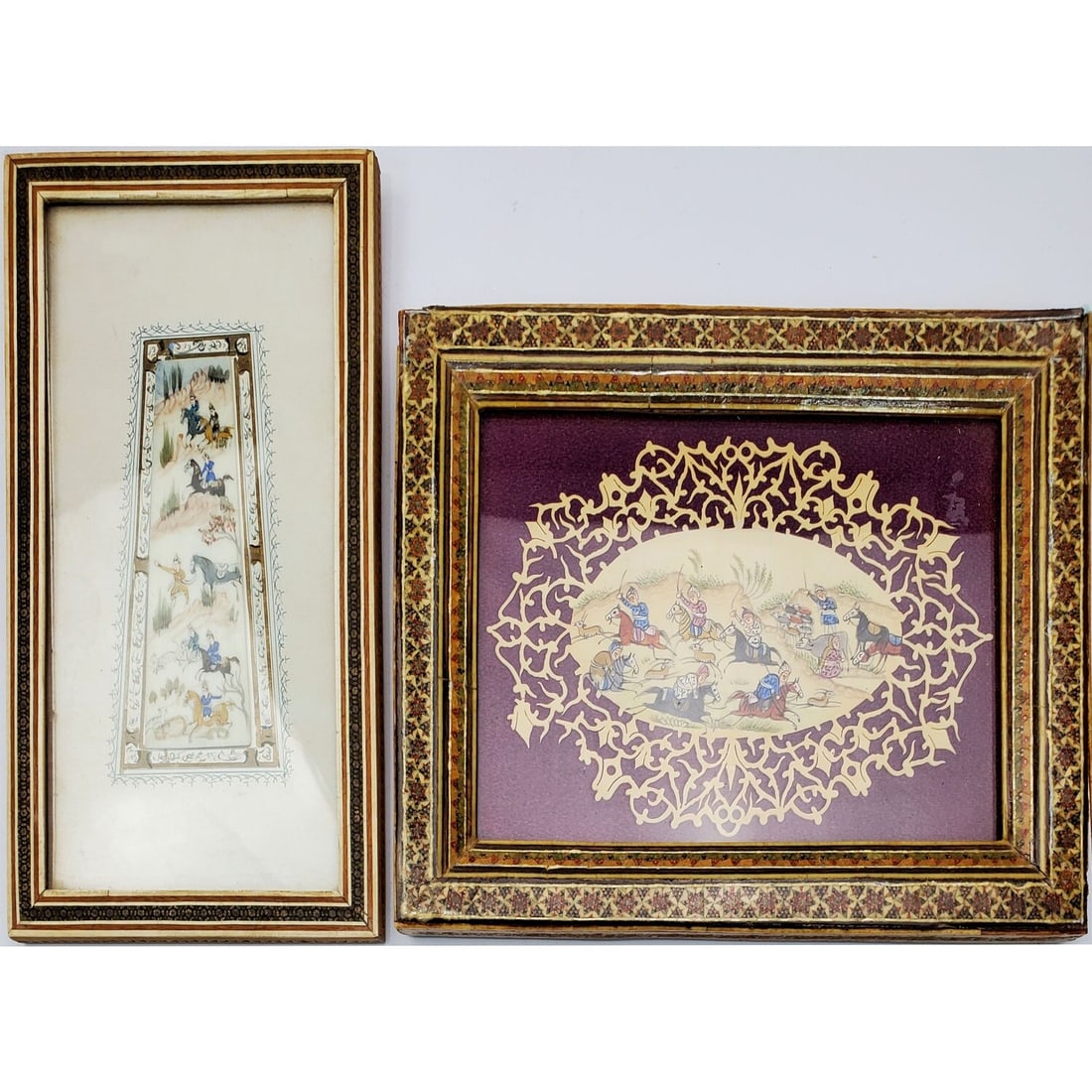2 Vintage Persian Miniature Paintings: 2 Vintage Persian Miniature Paintings. Framed Under Glass. Condition: Generally Good. As Found. Dimensions: Larger Sight H- 6.5" x W- 4.75" Frame H- 8.75" x W- 6.75". Provenance: From a Long Island, N