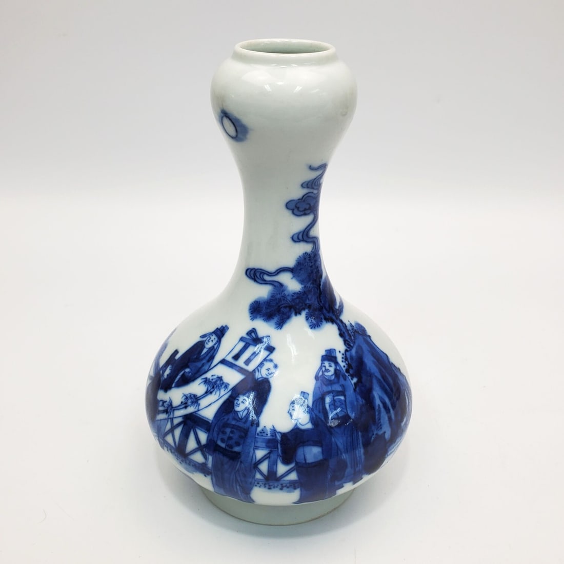 Chinese Blue & White Signed Porcelain Vase: Chinese Blue & White Signed Porcelain Double Gourd Vase Depicting Men Playing a Game & People Outdoor. Signed At The Bottom. Condition: Excellent. Dimensions: H-7.25" x Dia-4.5". Provenance: From a Lo