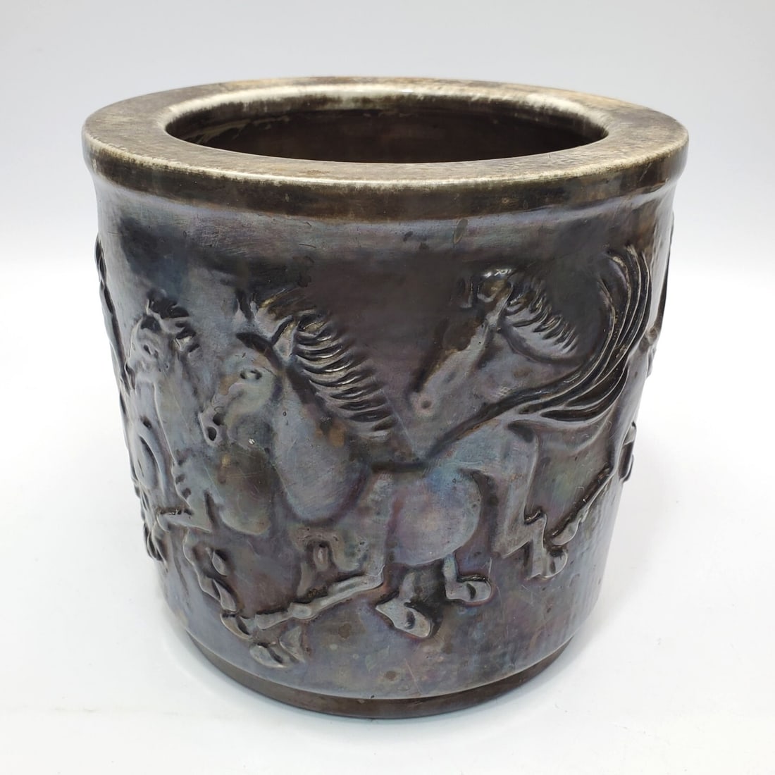 Chinese Signed Silvered Porcelain Brush Pot: Chinese Signed Silvered Porcelain Brush Pot Depicting Horses. Signed at The Bottom. Condition: Generally Very Good. Dimensions: H-6.5" x H-6.25". Provenance: From a Long Island, NY Home. Please note t
