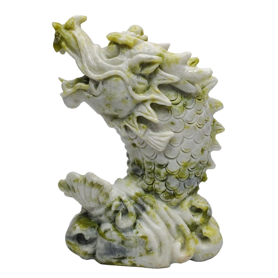 Chinese Carved Stone Figure of a Dragon Fish: Chinese Carved Stone Figure of a Dragon Fish. Probably Lemon Jade. Condition: Generally Very Good.. Dimensions: H-9.25" x L-7.25". Provenance: From a Long Island, NY Home. Please note the absence of a