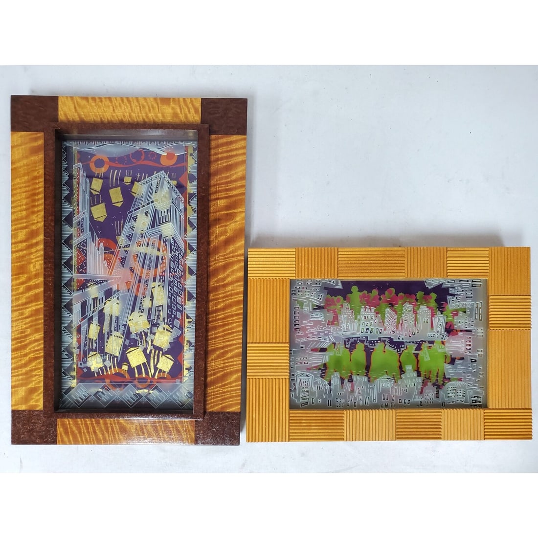 2 Interesting Works of Art in Etched Glass Frames: Lot of 2 Interesting Works of Art in Etched Glass Shadow Box Picture Frames. Condition: Generally Very Good. Dimensions: Larger-Sight-13.5" x 6.5". Frame-17.25" x 11". Provenance: From a Long Island, 
