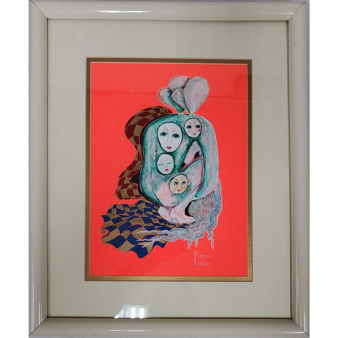 Roman Valdes Suarez, Cuban (b.1962) Painting: Roman Valdes Suarez, Cuban (b.1962) Painting Mixed Media on Paper. "Surreal Faces". Signed Lower Right. In Original Frame Under Glass. Has Not Been Examined Out of Frame. Condition: Generally Very Goo