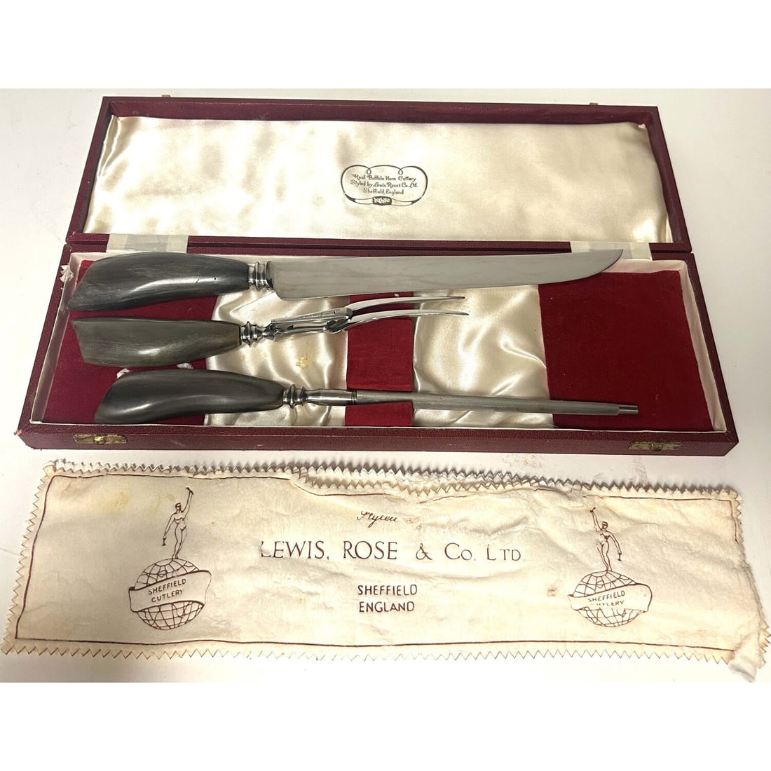 Lewis, Rose, & Co. Ltd Buffalo Horn Carving Set: Vintage Lewis, Rose, & Co. Ltd Buffalo Horn Handle 3-Piece Carving Set in Original Fitted Box. Condition: Generally Very Good. Dimensions: Largest: L-14" (w/ Handle). Box: 16.5" x 5.5" x 1.75". Proven
