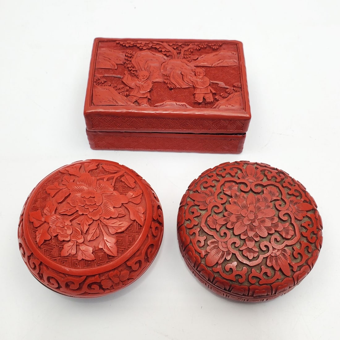 Chinese Lot of 3 Carved Cinnabar Boxes (1 of 2)