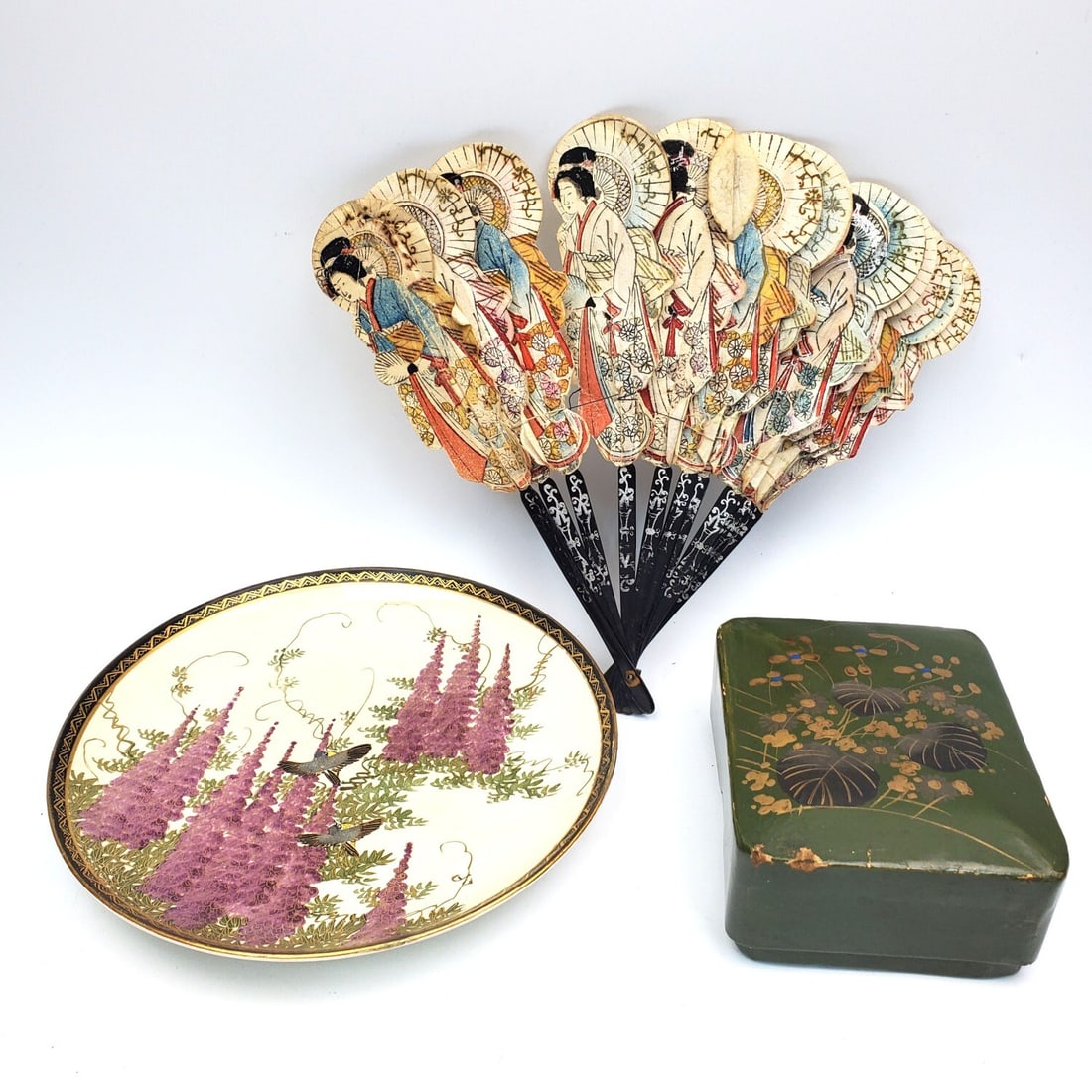 3 Japanese Items Including a Signed Satsuma Plate: 3 Japanese Items Including a Signed Satsuma Plate. Condition: Generally Good, As Found. Dimensions: Largest (Plate)-Dia-7.1". Provenance: From a Long Island, NY Home. Please note the absence of a Cond