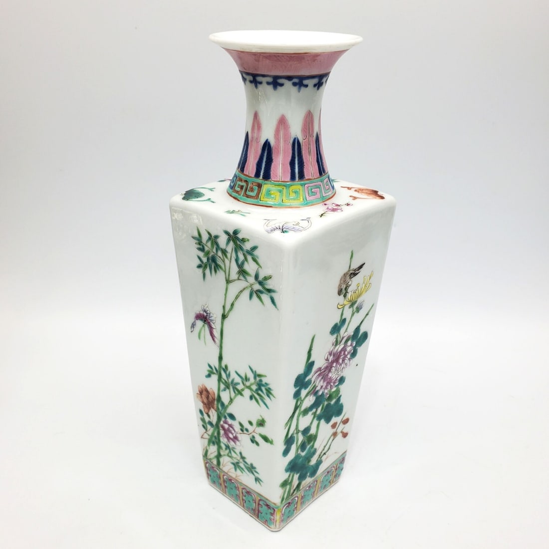 Chinese Famille Rose Square Porcelain Vase: Chinese Famille Rose Square Enameled Porcelain Vase. Originally at The Bottom. Condition: Generally Very Good. Dimensions: H-10.2". Provenance: From a Long Island, NY Home. Please note the absence of 