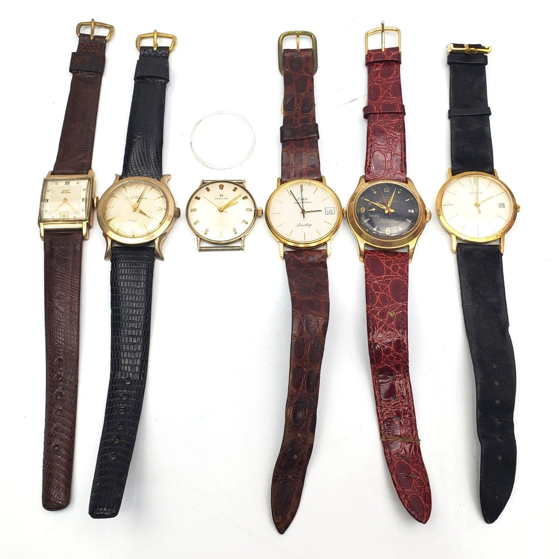 6 Vintage Mechanical Swiss Made Mens Watches: Lot of 6 Vintage Mechanical Swiss Made Mens Watches by Hamilton, Elgin, Croton, Juvenia, & 3 Are Marked 10k Gold Filled. Condition: As Found. Please Note- We Do Not Guarantee the Workability of Old Wa