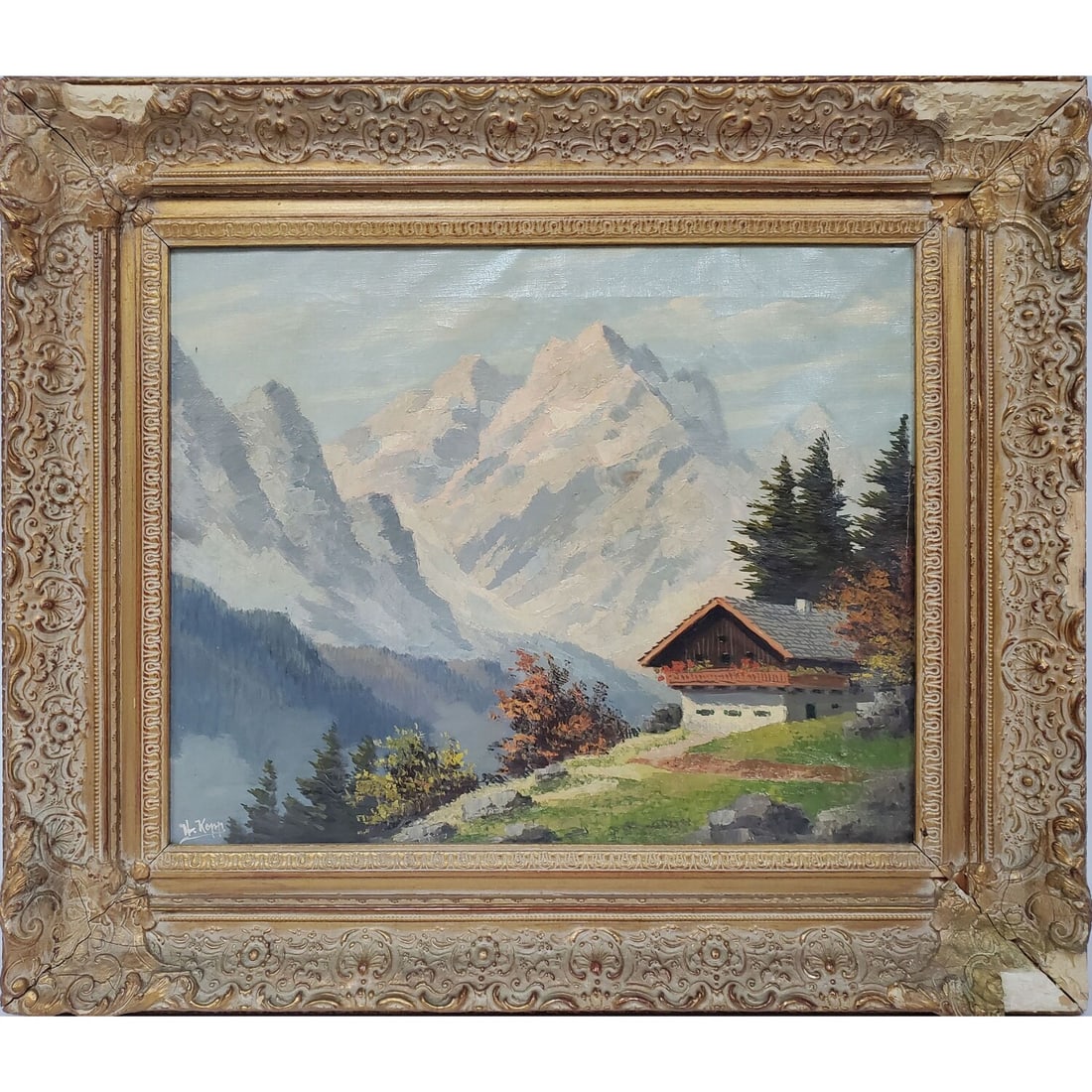 Heinrich Kopp, German (1869-1922) Painting: Heinrich Kopp, German (1869-1922) Painting Oil on Canvas "The Alps". Signed Lower Left. In Original Frame.Condition: Generally Good. Frame Needs Attention.Dimensions: Sight: 20" x 16". Frame: 28" x 24
