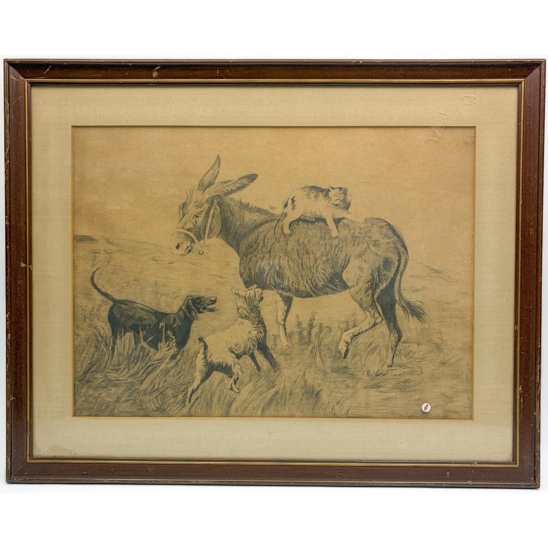 Antique Signed Pencil Drawing: Antique Signed Pencil Drawing of a Cat Seated on a Donkey w/ Dogs Barking. Signed "Malcolm Mc??" on Lower Right. Probably c.1920's. In Original Frame Under Glass. Has Not Been Examined Out of Frame.Co
