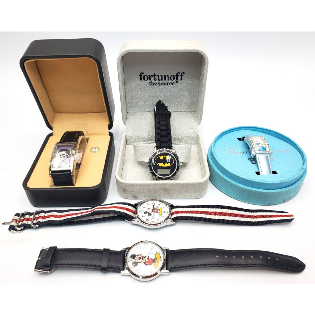 Group Lot of 5 Vintage Watches: Group Lot of 5 Vintage Watches Including Mickey Mouse, Batman, Elvis & Another. Condition: Generally Good. Please Note- We Do Not Guarantee the Workability of Any Watches. Dimensions: Various Sizes. P