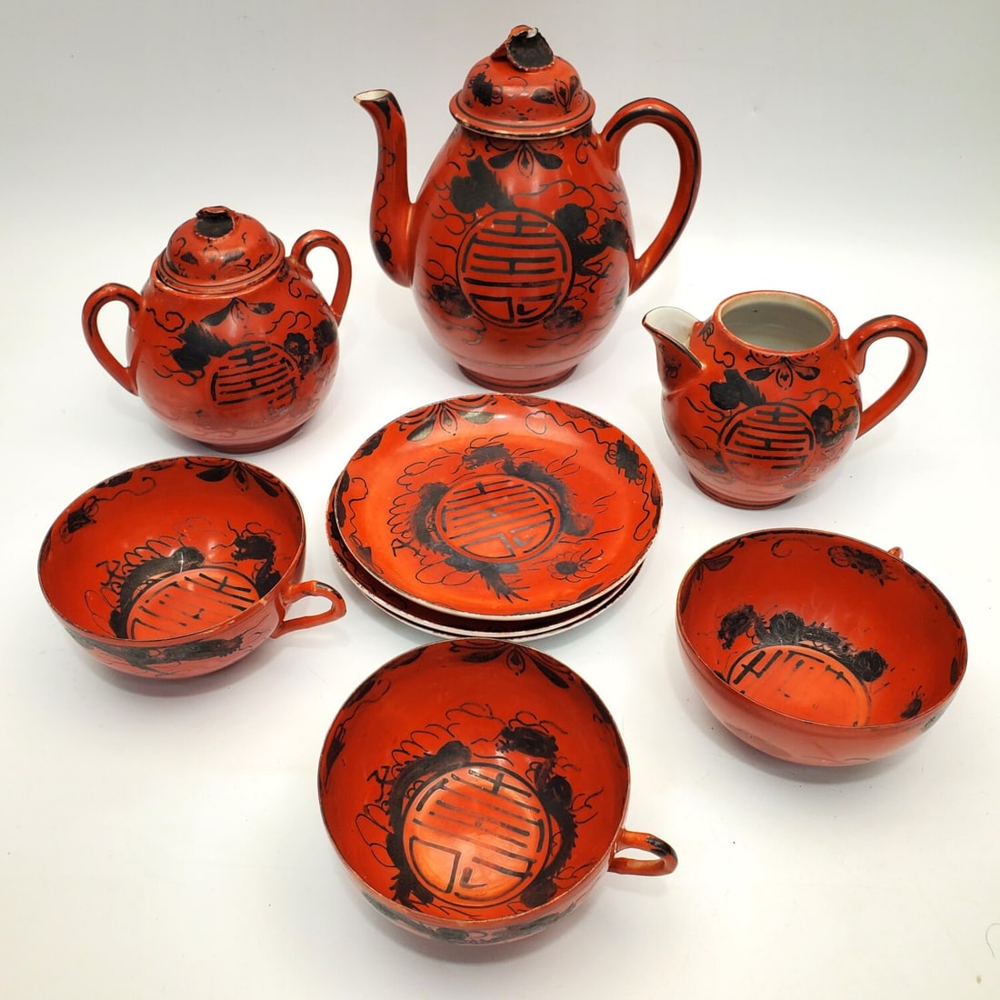 9 Pc Antique Japanese Signed Red Porcelain Tea (1 of 4)