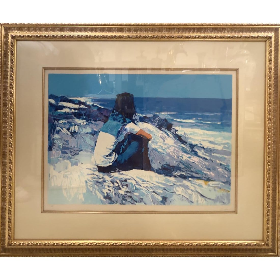 Nicola Simbari, Italian (1927-2012) Screenprint: Nicola Simbari, Italian (1927-2012) Screenprint "White Beach". Pencil Signed Lower Right with Blindstamp. Edition Numbered Lower Left. Beautifully Framed Under Glass. Condition: Generally Very Good. H