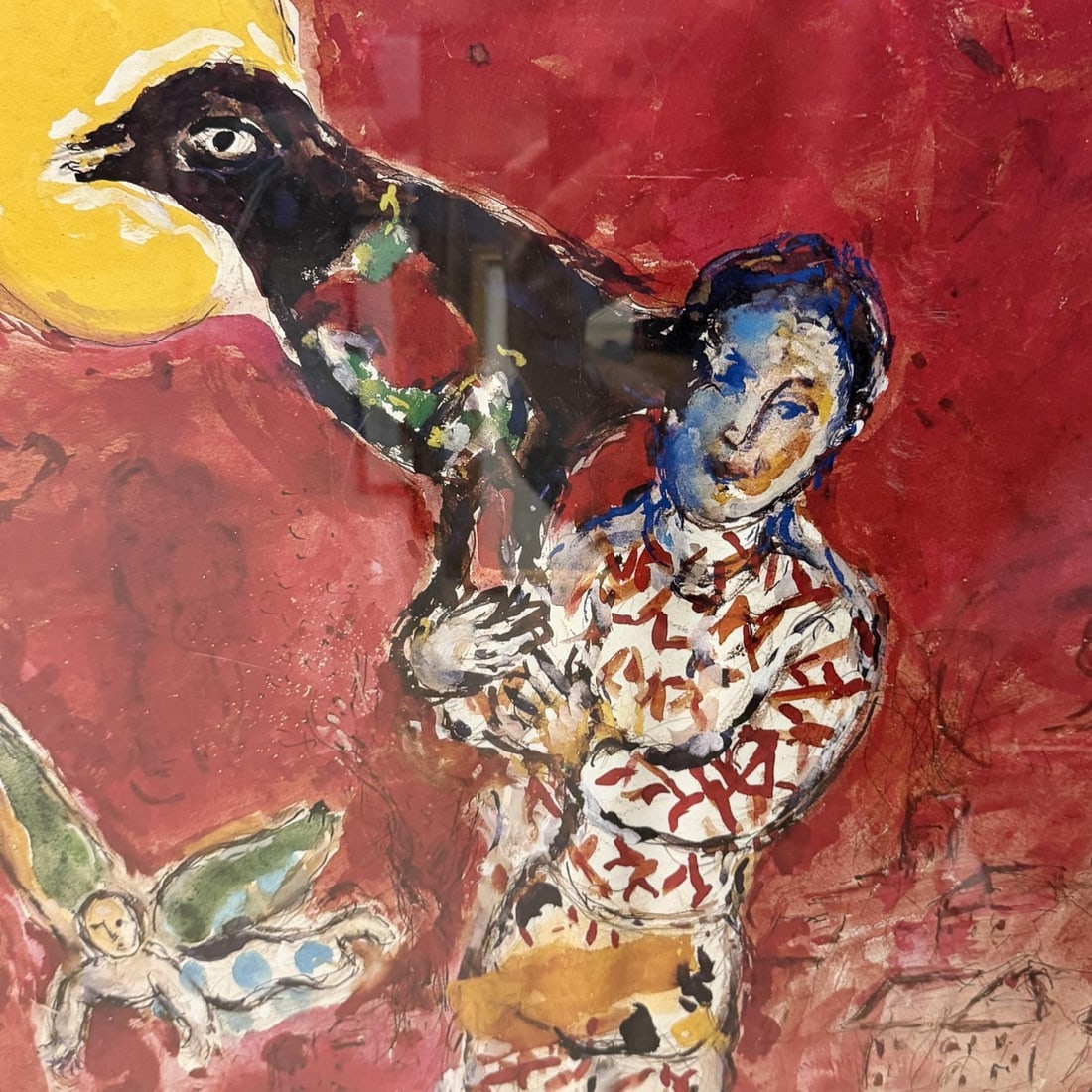 Marc Chagall, French (1887-1985) Exhibition Poster: Marc Chagall, French (1887-1985) Exhibition Poster "The Bird Catcher" at Haus der Kunst in Munich, Germany. Circa 1978. Framed Under Glass. Condition: Generally Very Good. Frame is Missing a Piece. Ha