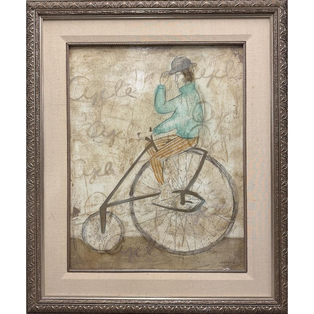 20th C Signed Painting, Oil on Board "Man on Bike": 20th Century Signed Painting, Oil on Board "Man on Bike". Signed "Kennedy" Lower Right. In Original Frame. Condition: Generally Very Good. Dimensions: Sight- 26.75" x 20.75". Frame- 38" x 32". Provena