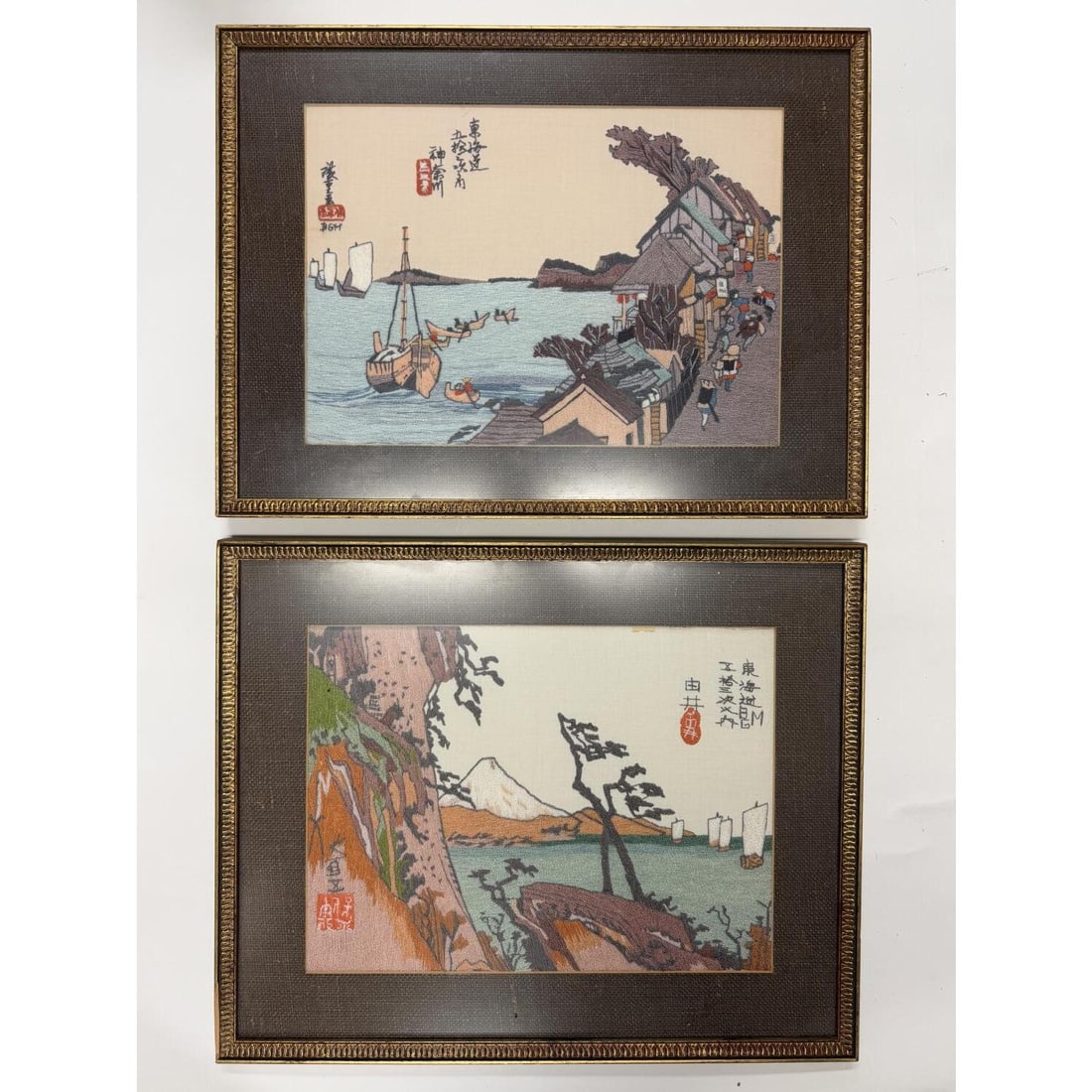 Vintage Japanese Silk Embroidories After Hiroshige: Pair of Vintage Japanese Silk Embroideries After Utagawa Hiroshige's "The Fifty-Three Stations of Tokaido" Series. Along w/ Another Japanese Silk Embroidery of Two Horses, Signed BGM. All are Framed U