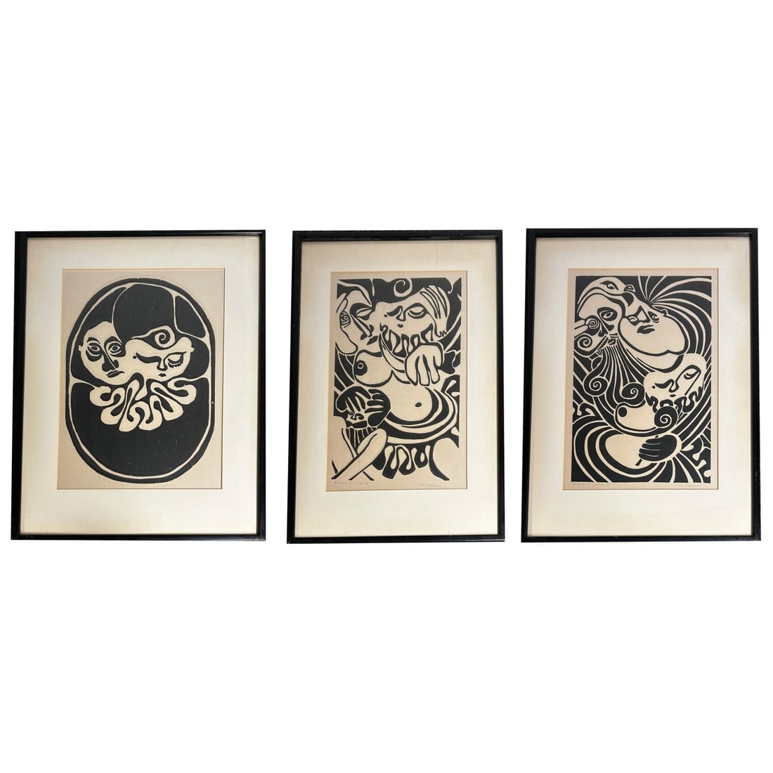 Set of 3 Linocut Prints by Mark Goodman: Set of 3 Linocut Prints by Mark Goodman from the Series "In Search of a Flower". Each Print is Signed Lower Right and Titled Lower Left. All are Framed Under Glass. Condition: Generally Very Good. Hav