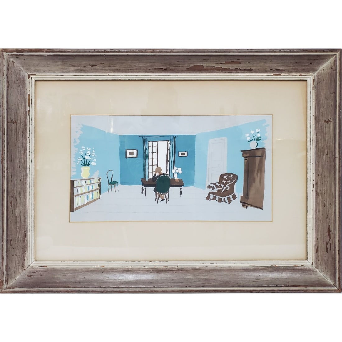 Painting Acrylic on Paper. "Interior Scene": Painting Acrylic on Paper. "Interior Scene". Apparently Unsigned. In Original Frame Under Glass. Has Not Been Examined Out of Frame. Condition: Excellent. Dimensions: Sight-16.75" x 9". Frame-27.25" x