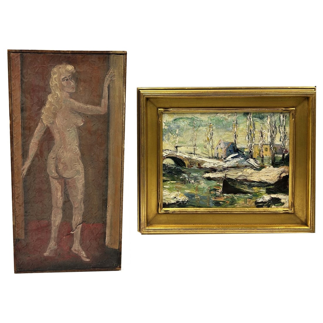 Lot of 2 Paintings, Oil on Canvas: Lot of 2 Paintings, Oil on Canvas Including a "Nude Woman" and a "Water Scene". Both are Framed. Condition: Both Have Tears in the Canvases. Sold As Is. Dimensions: Taller Frame- 22.5" x 11". Wider Fr