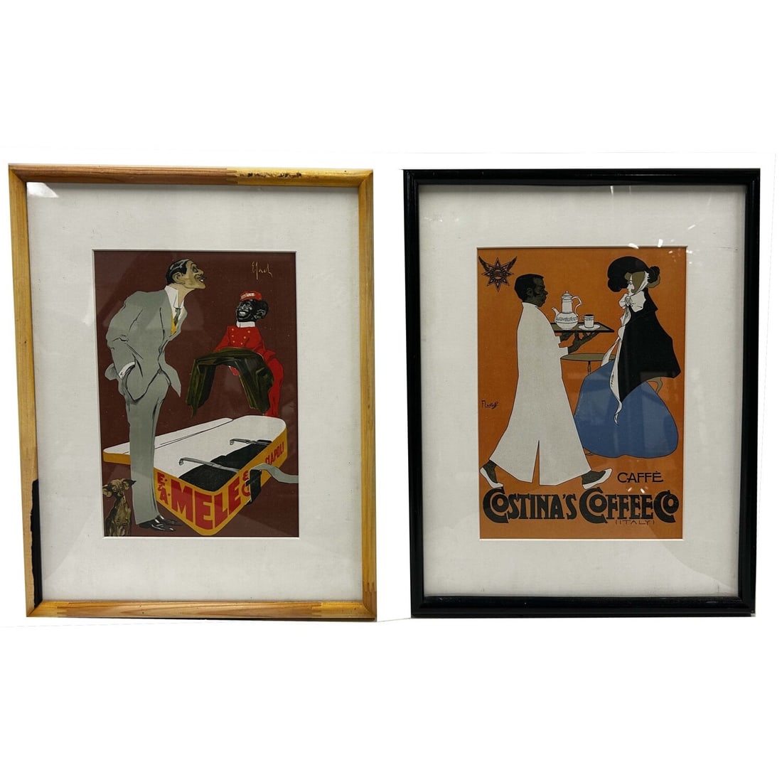 Lot of 2 Vintage Italian Advertising Posters: Lot of 2 Vintage Italian Advertising Posters Including 1 by Enrico Sacchetti for "E. & A. Mele & Ci" and 1 by Franz Laskoff for "Costina's Coffee Co". Both are Framed Under Glass. Condition: Generally