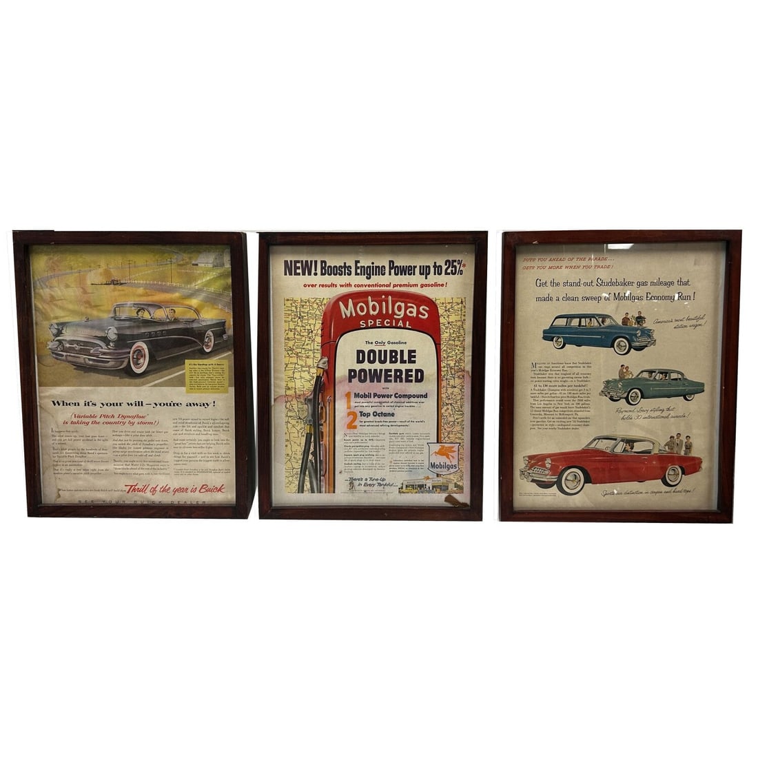 3 Vintage 1950s American Magazine Car Ads: Lot of 3 Vintage 1950s American Magazine Color Advertising Pages Including 1 for Buick, 1 for Mobilgas, and 1 for Studebaker. All are Framed Under Glass. Condition: Generally Very Good For Their Age. 