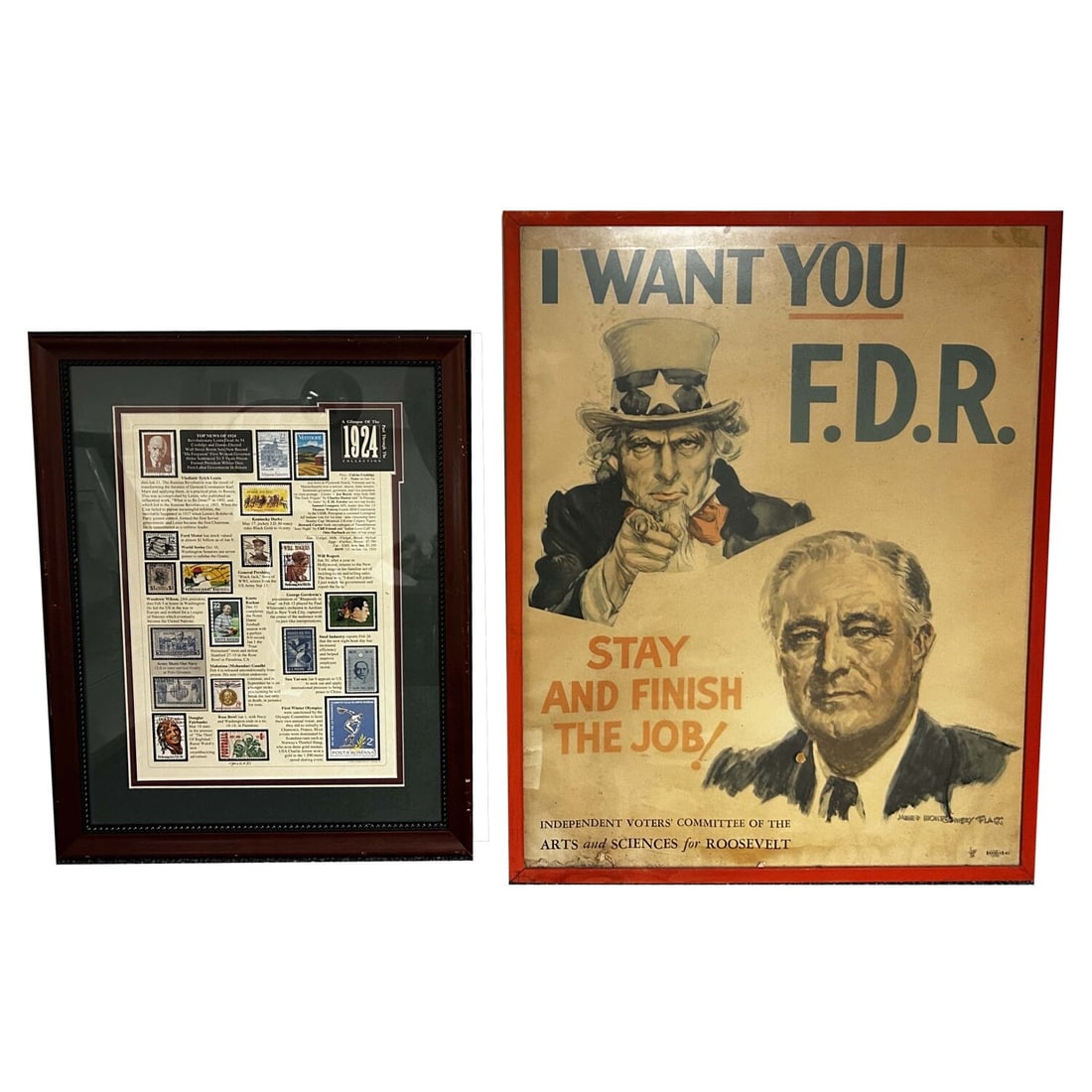 2 Vintage American Posters Incl. FDR & 1924 Stamps: Lot of 2 Vintage American Posters Including a "Glimpse of the Past - 1924" Stamp Collection Poster and an FDR Reelection Poster. Both are Framed Under Glass. Condition: Generally Good For Their Age. F