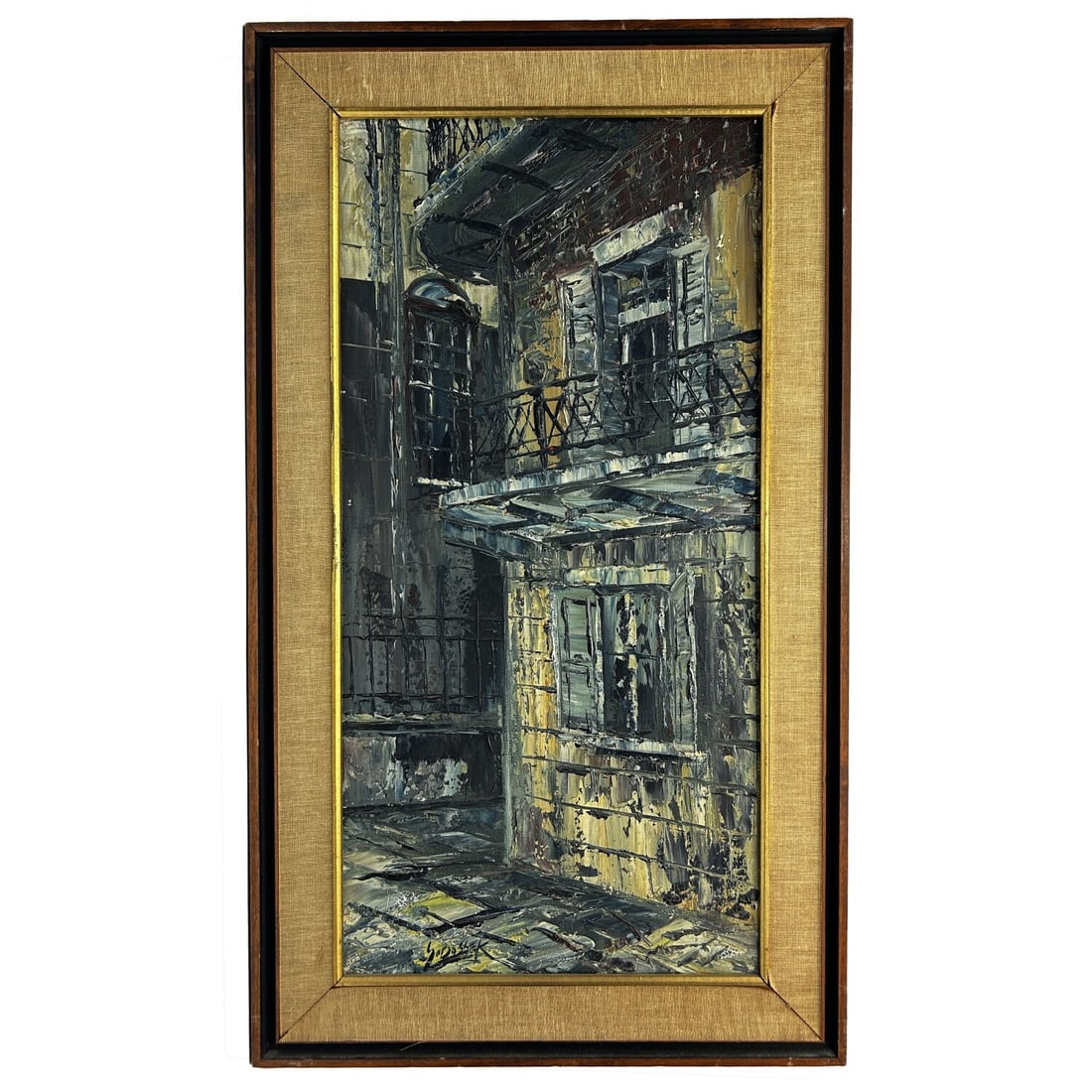 Stanley Sobossek, American (1918-1996) Painting: Stanley Sobossek, American (1918-1996) Painting Oil on Canvas "NYC Townhouse". Signed Lower Left. In Original Frame. Condition: Generally Good. Dimensions: Sight-24" x 12". Frame-28.5" x 16.5". Proven