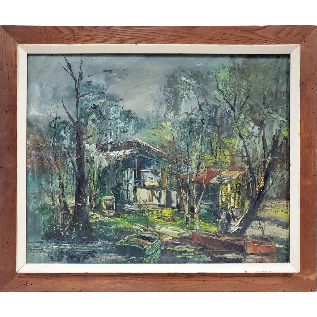 Stanley Sobossek, American (1918-1996) Painting: Stanley Sobossek, American (1918-1996) Large Painting Oil on Canvas "Lake House". Signed Lower Middle. In Original Frame. Condition: Generally Good. Dimensions: Sight-30" x 24". Frame-36.25" x 30.25".