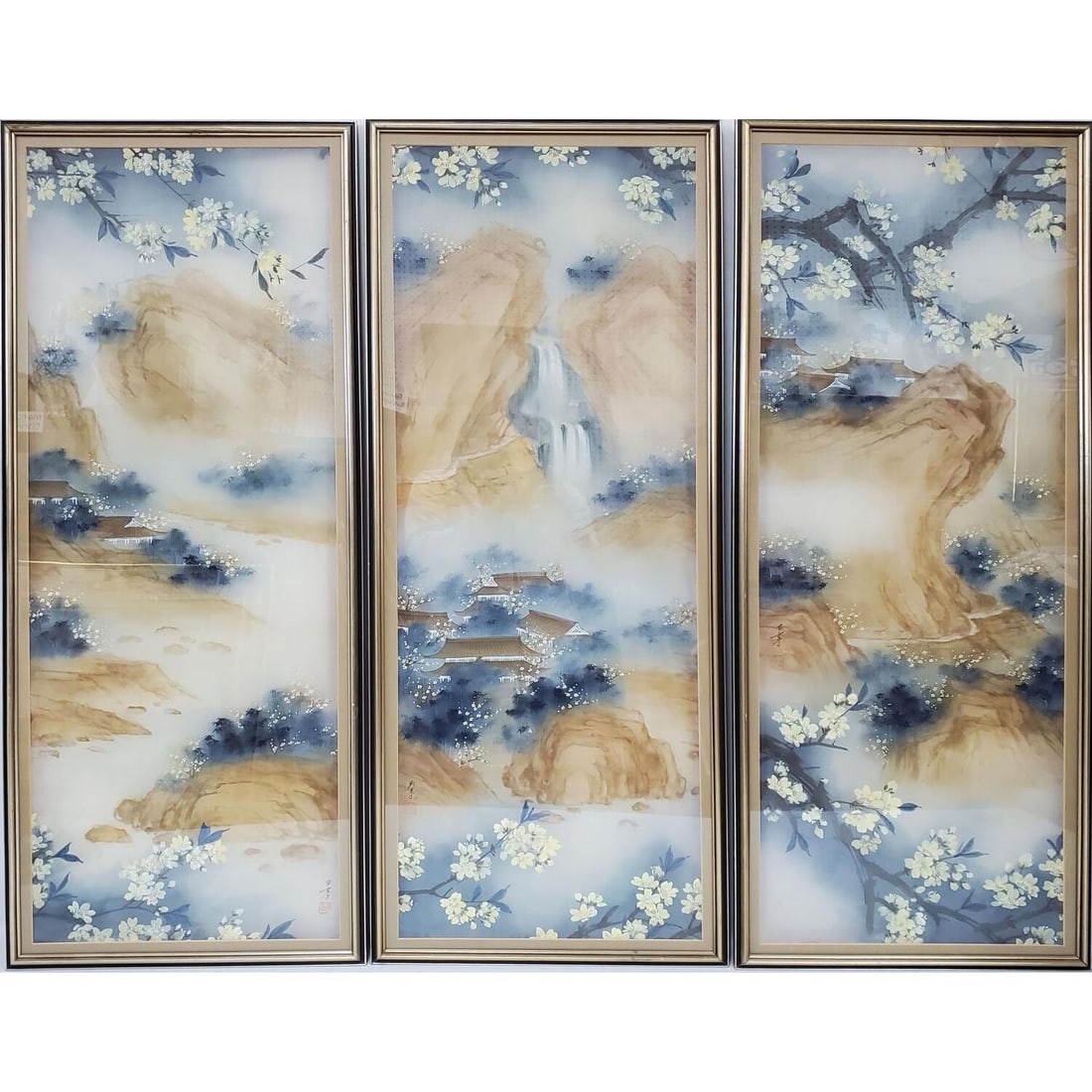 Lina Liu 3 Framed Watercolor Paintings: Lina Liu 3 Framed Watercolor Paintings. Condition: Generally Very Good. Framed Under Glass. Has Not Been Examined Out of Frame. Dimensions: Sight H- 39" x W- 14.5" Frame H- 41" x W- 17.25" Each. Prove