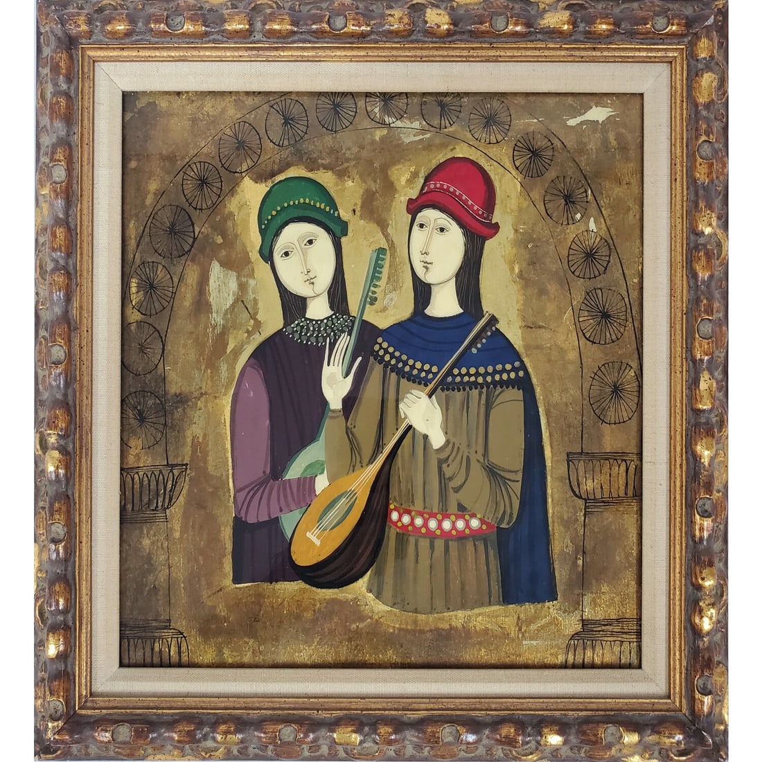 Vintage Painting Oil on Probably Copper: Vintage Painting Oil on Probably Copper "2 Guitar Players". Probably Circa 1960's or 70's. Signed on The Verso. In Original Frame. Condition: Excellent. Dimensions: Sight-12.5" x 12.5". Frame-16" x 16