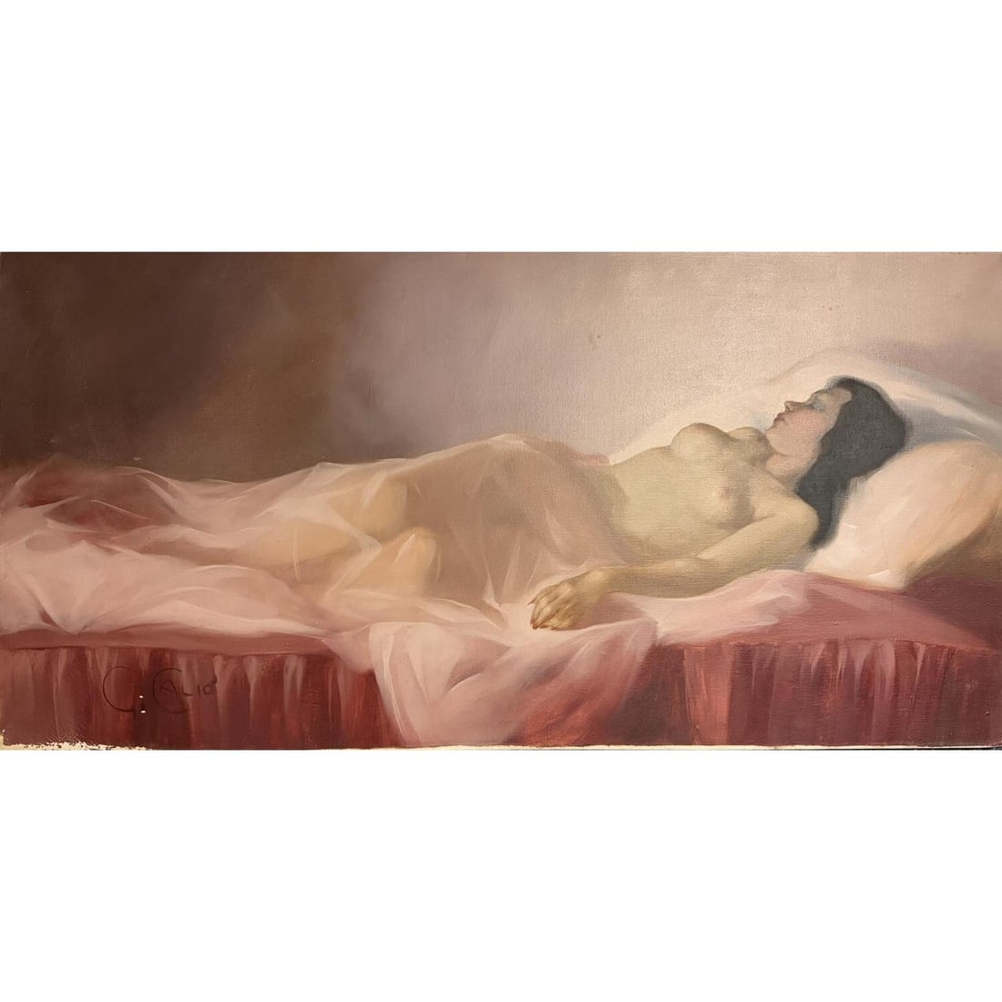 Antonio C. Calio, Italian (b. 1908) Painting: Antonio C. Calio, Italian (Born 1908) Painting, Oil on Canvas "Reclining Nude- Red". Signed "C. Calio" Lower Left. Described on Back. Unframed. Condition: Generally Good w/ Some Minor Paint Losses on 