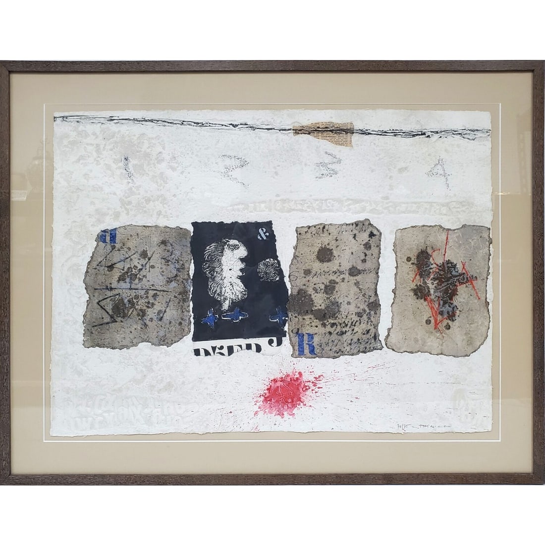 James Coignard, French (1925-2008) Mixed Media: James Coignard, French (1925-2008) Mixed Media Carborundum Gravure (Etching) w/ Collage on Heavy Paper. "Quatres Espaces Preoccupes" c.1980. Pencil Signed Lower Right & Numbered 70/75. In Original Fra