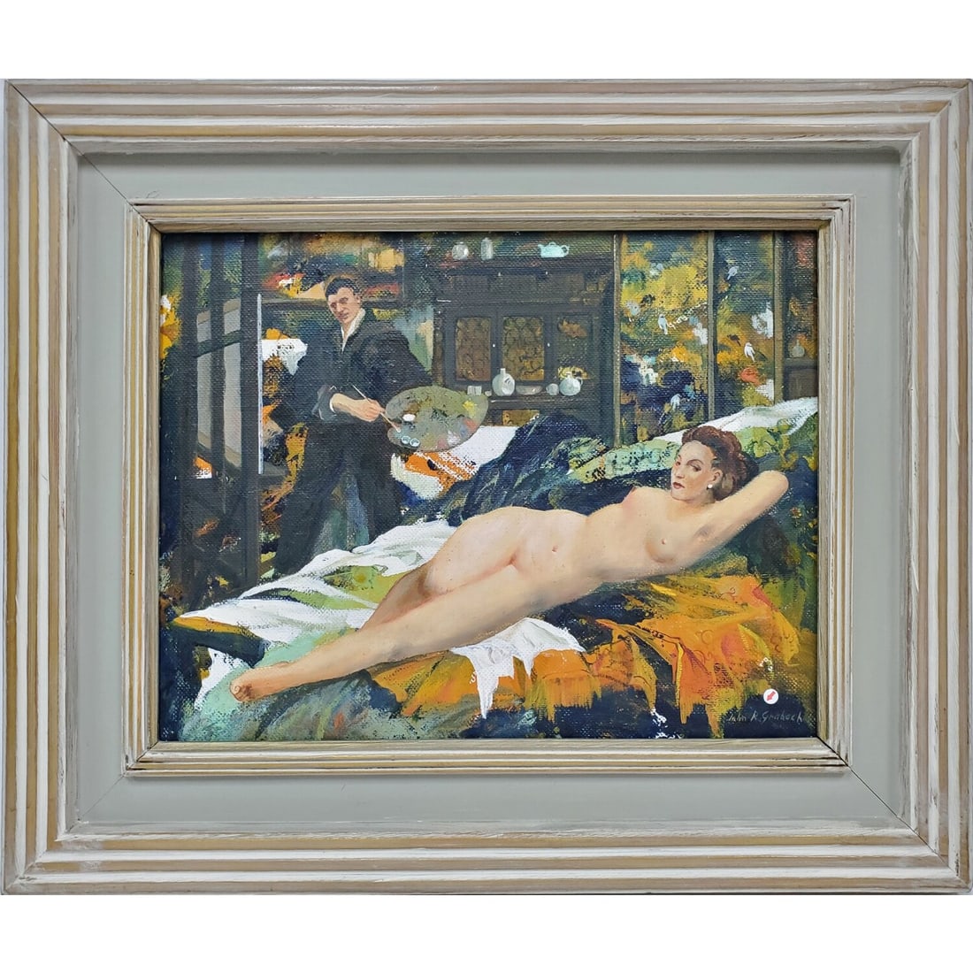 John Grabach, American (1886-1981) Oil Painting: John Grabach, American (1886-1981) Painting Oil on Canvas Board "Portrait of The Artist & Model". Fully Signed Lower Right. Comes w/ Label on The Verso & Pencil Written "May 29". In Probably Original 