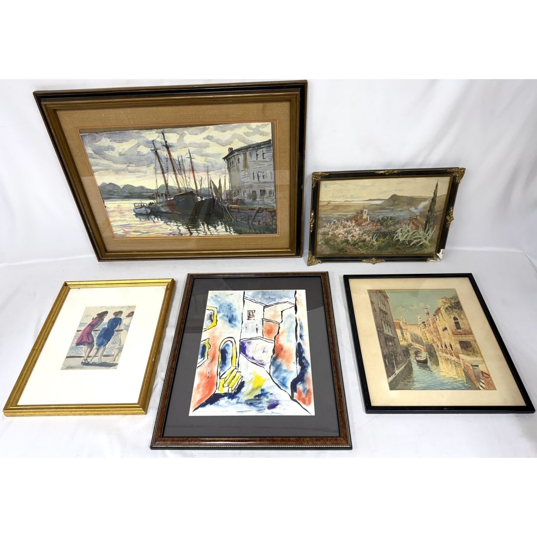 Lot of 4 Signed Watercolor Paintings & 1 Unsigned: Lot of 4 Signed Paintings, Watercolor on Paper & 1 Unsigned. All are Framed Under Glass. Condition: Generally Very Good. The Glass is Broken on One Frame. Have Not Been Examined Out of Frame. Dimensio